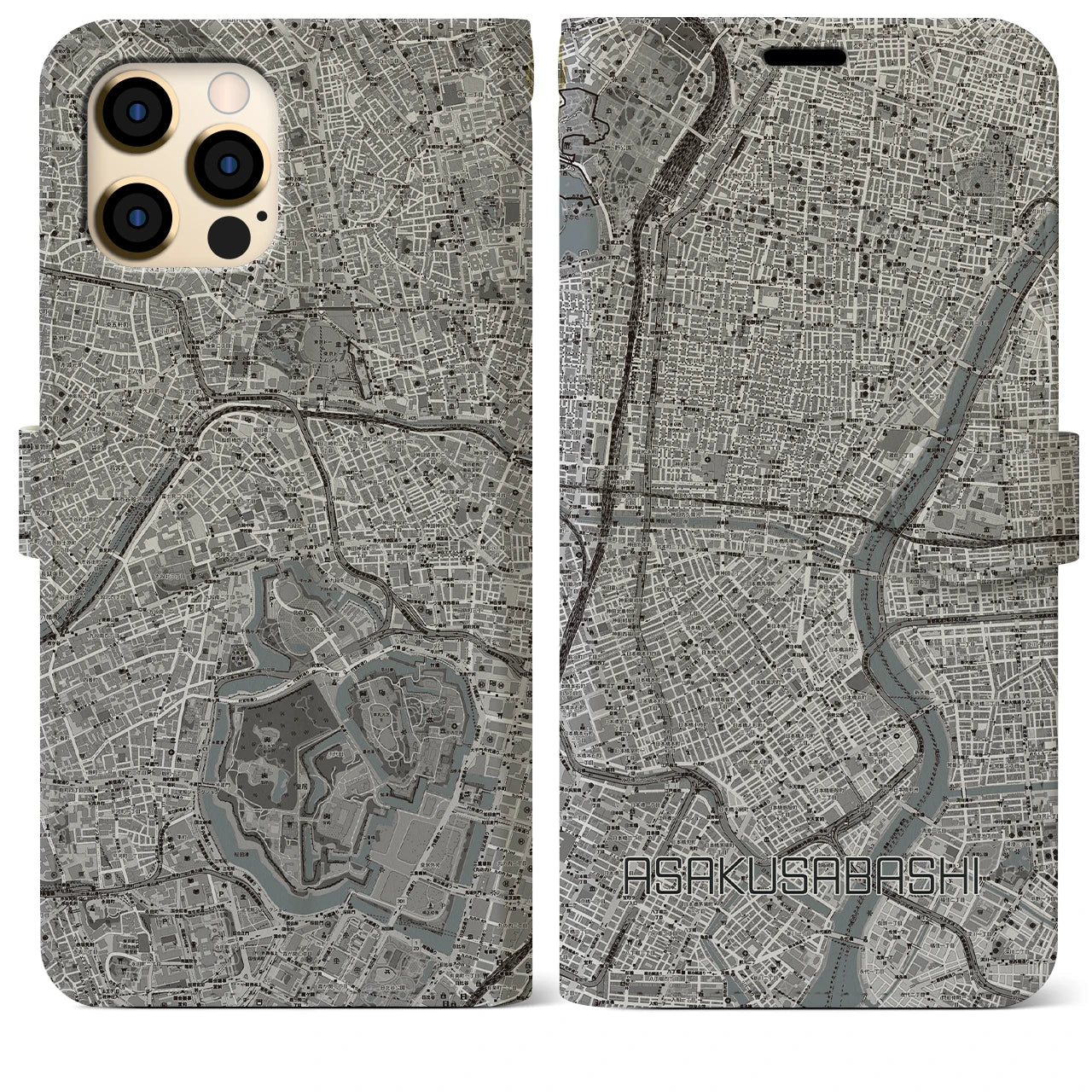 【浅草橋(東京都)】地図柄iPhoneケース(手帳タイプ)モノトーン・iPhone 12 Pro Max 用