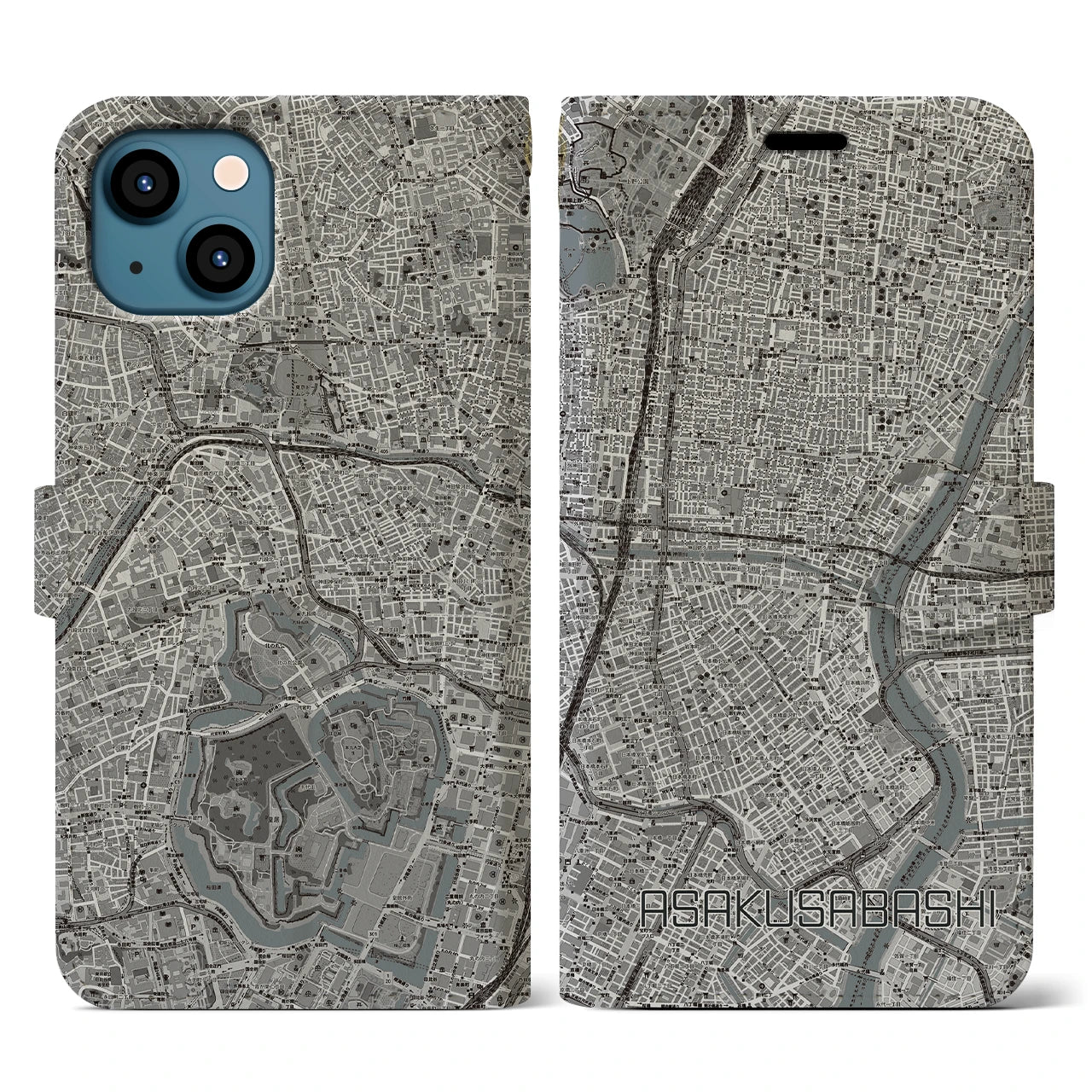 【浅草橋(東京都)】地図柄iPhoneケース(手帳タイプ)モノトーン・iPhone 13 用