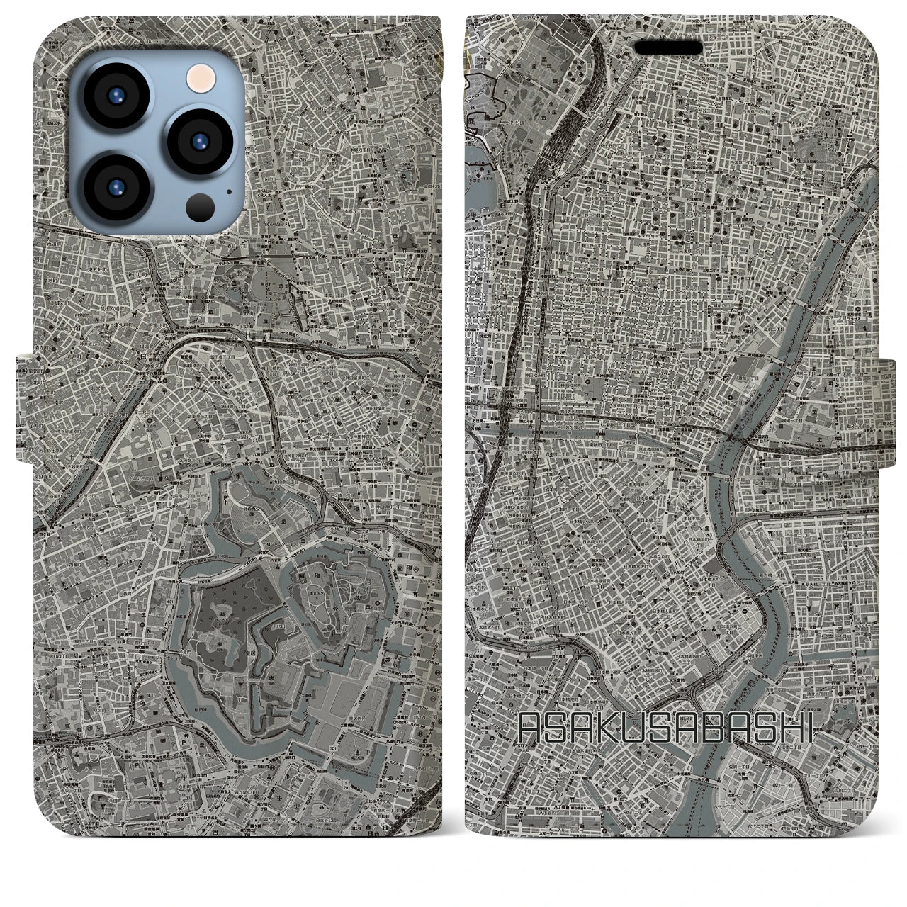 【浅草橋(東京都)】地図柄iPhoneケース(手帳タイプ)モノトーン・iPhone 13 Pro Max 用