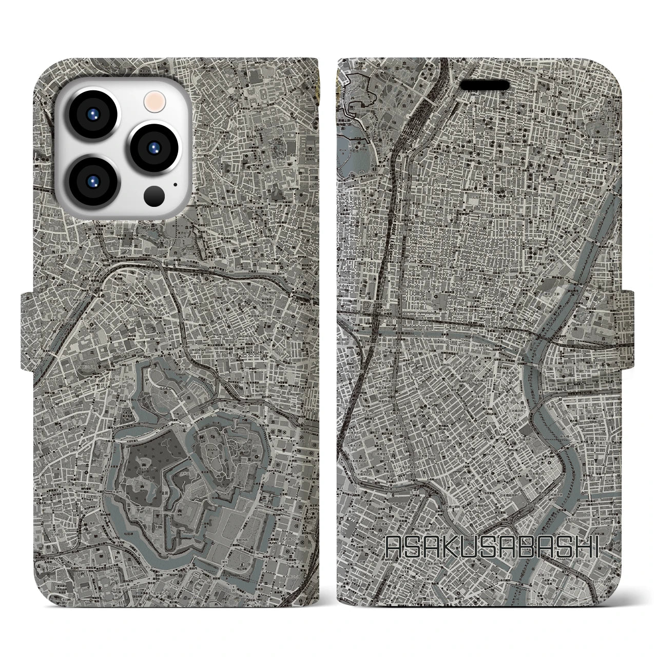 【浅草橋(東京都)】地図柄iPhoneケース(手帳タイプ)モノトーン・iPhone 13 Pro 用
