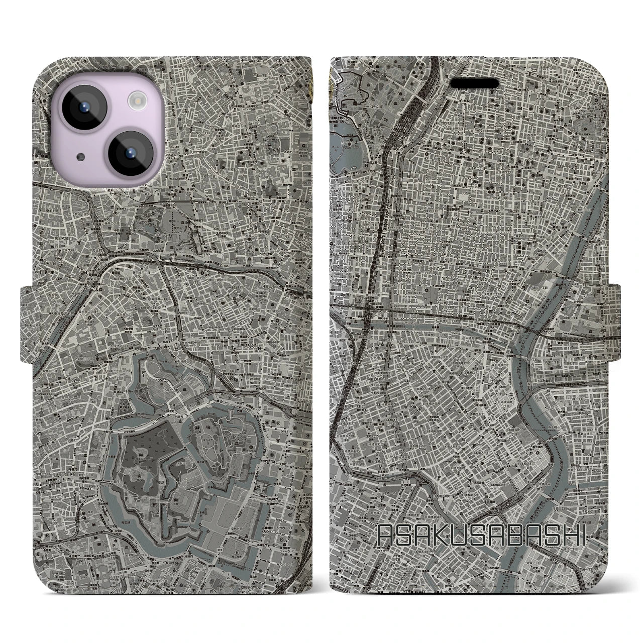 【浅草橋(東京都)】地図柄iPhoneケース(手帳タイプ)モノトーン・iPhone 14 用