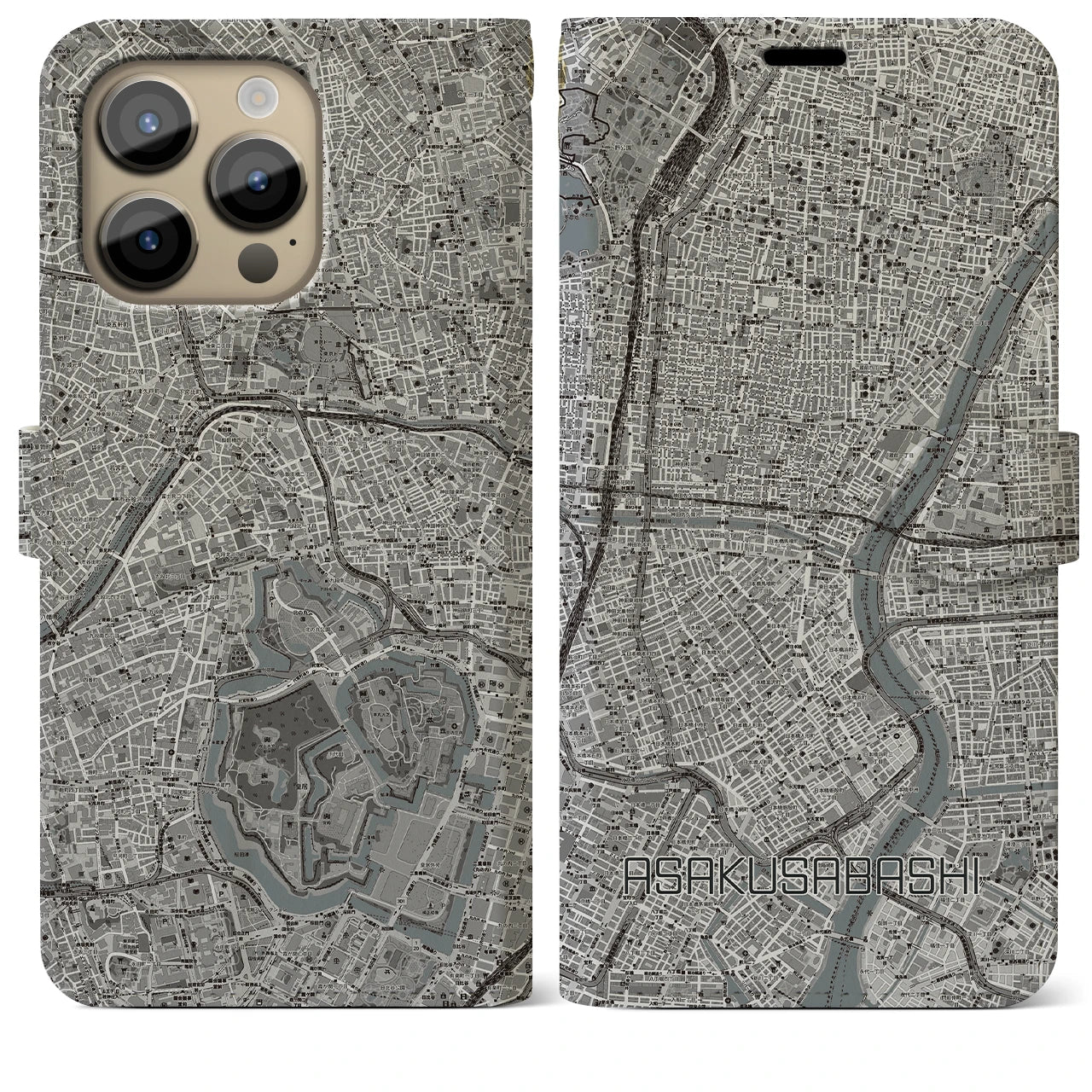 【浅草橋(東京都)】地図柄iPhoneケース(手帳タイプ)モノトーン・iPhone 14 Pro Max 用