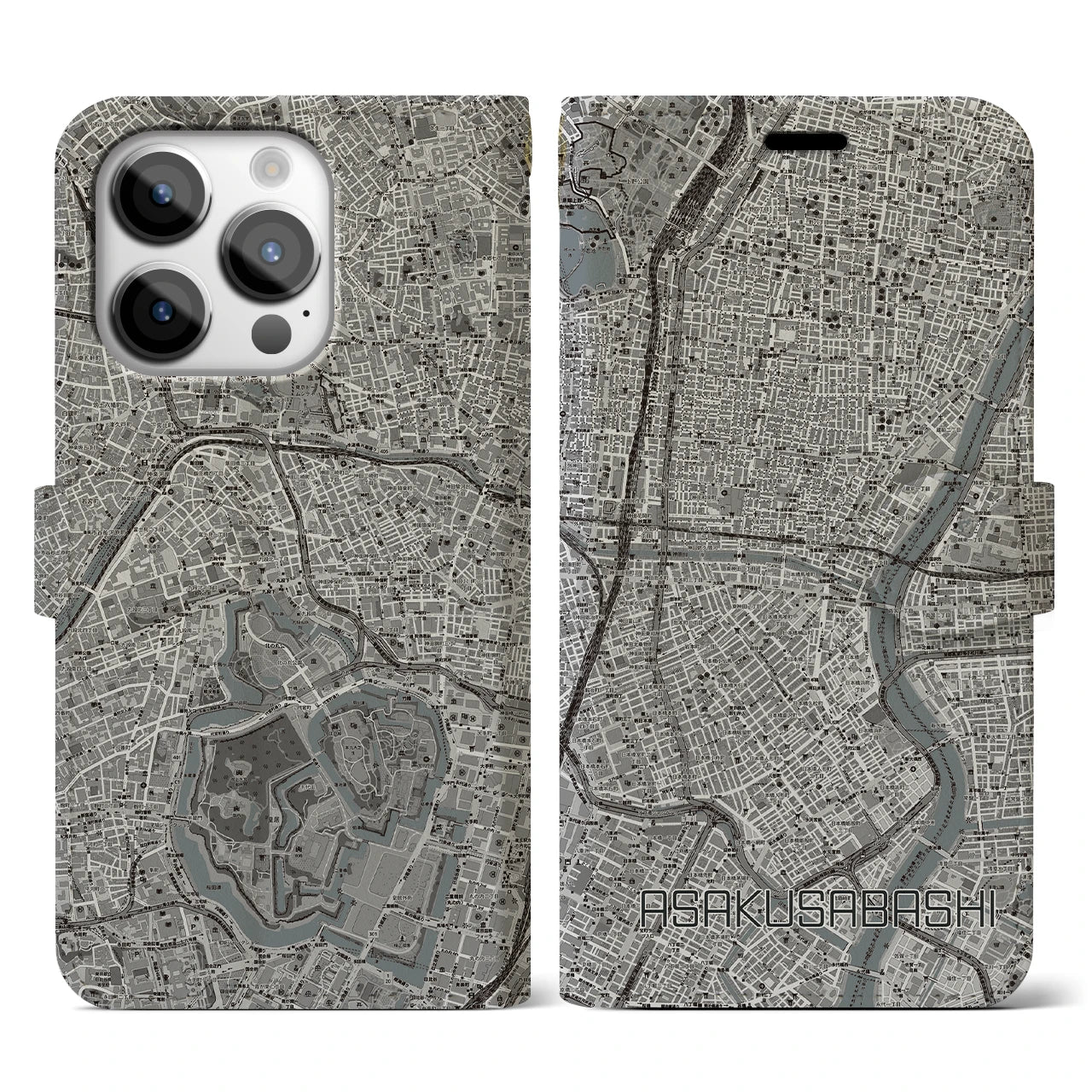 【浅草橋(東京都)】地図柄iPhoneケース(手帳タイプ)モノトーン・iPhone 14 Pro 用