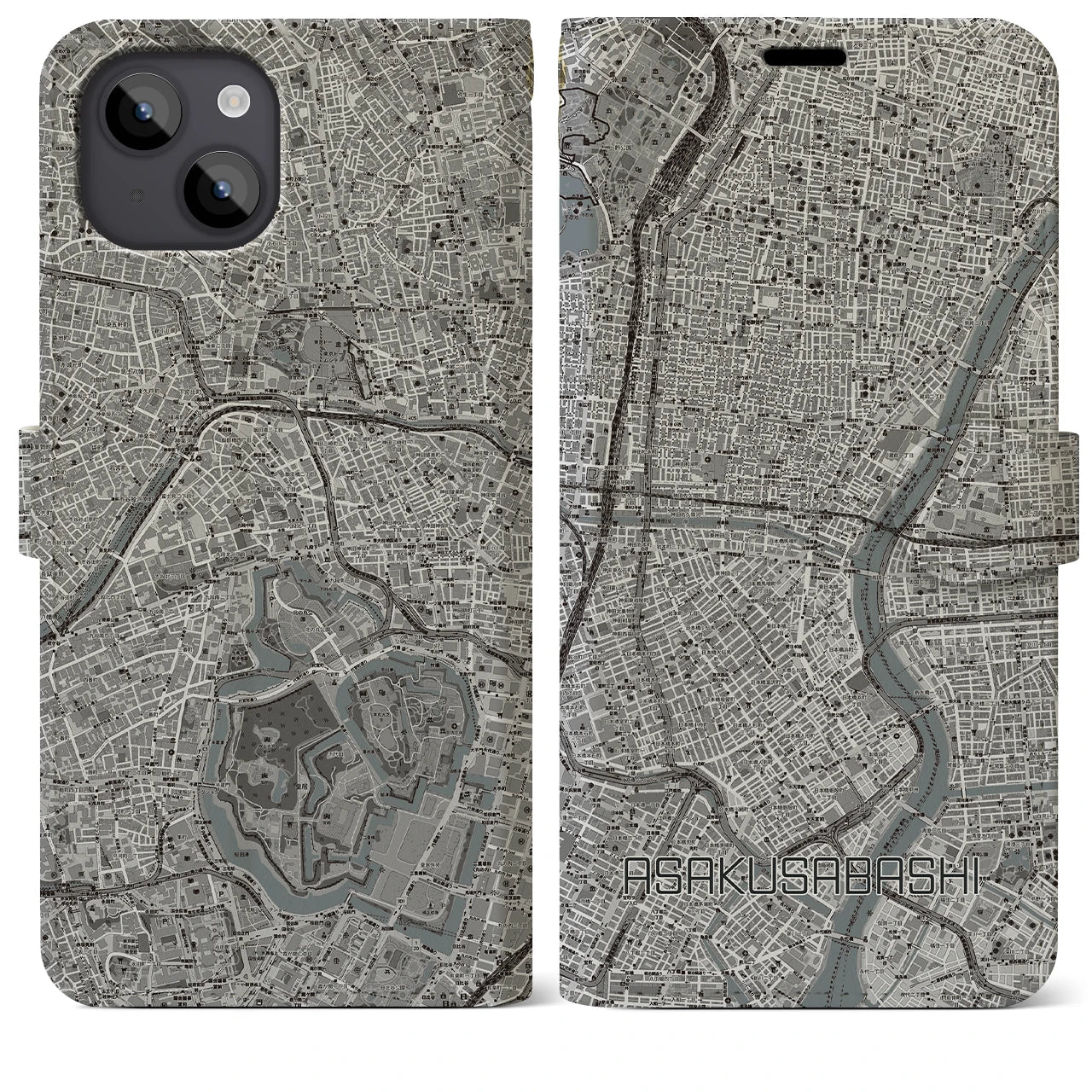 【浅草橋(東京都)】地図柄iPhoneケース(手帳タイプ)モノトーン・iPhone 14 Plus 用