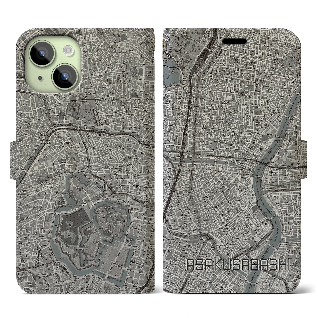 【浅草橋(東京都)】地図柄iPhoneケース(手帳タイプ)モノトーン・iPhone 15 用