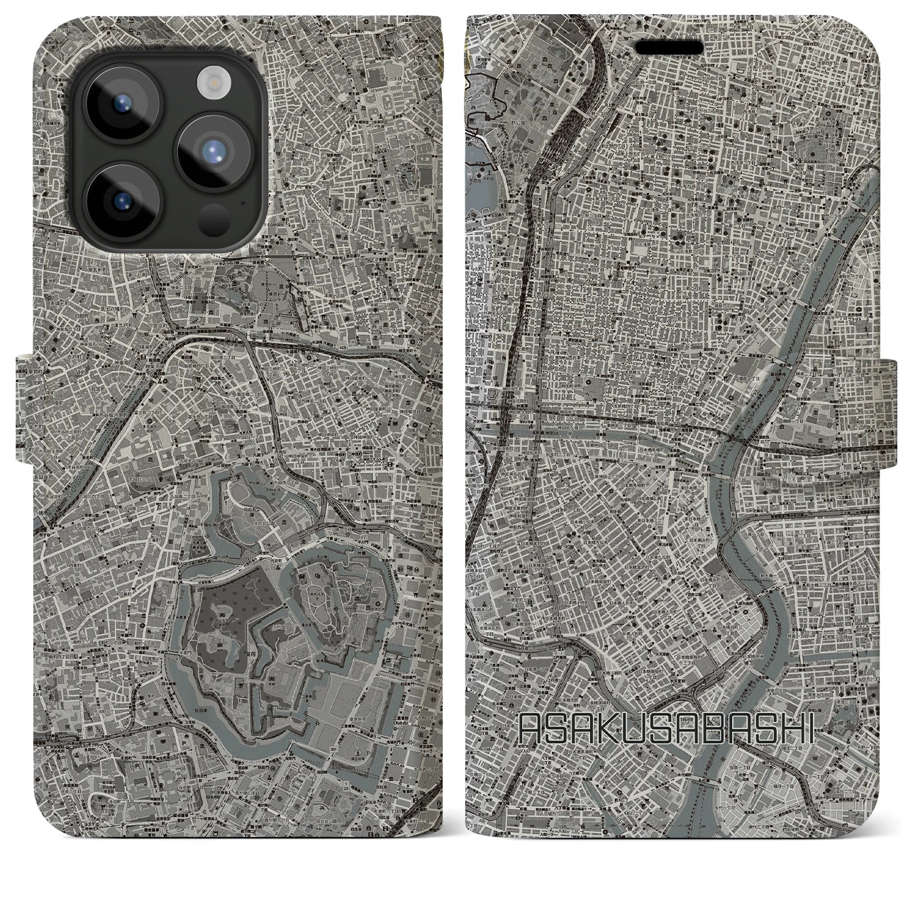 【浅草橋(東京都)】地図柄iPhoneケース(手帳タイプ)モノトーン・iPhone 15 Pro Max 用