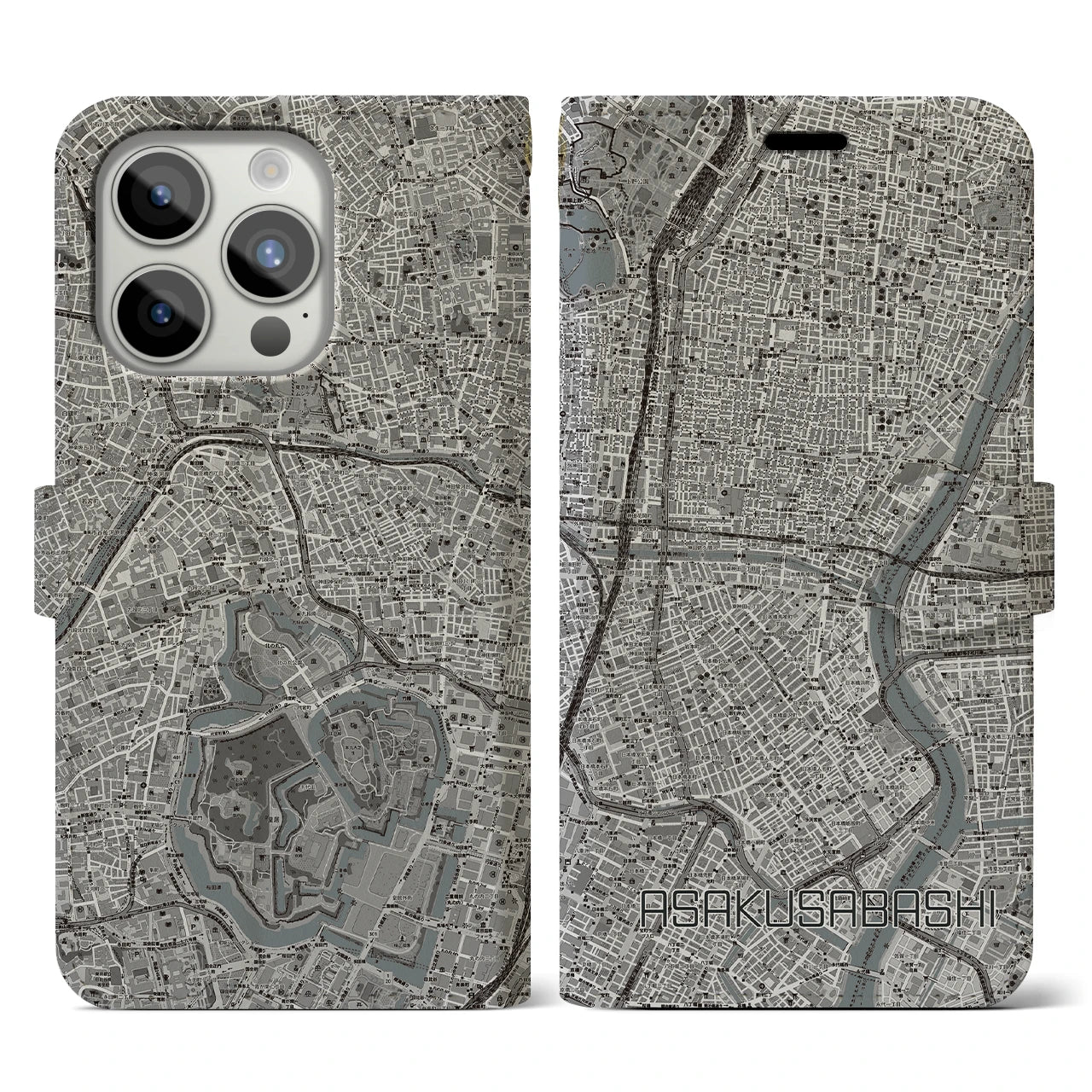 【浅草橋(東京都)】地図柄iPhoneケース(手帳タイプ)モノトーン・iPhone 15 Pro 用