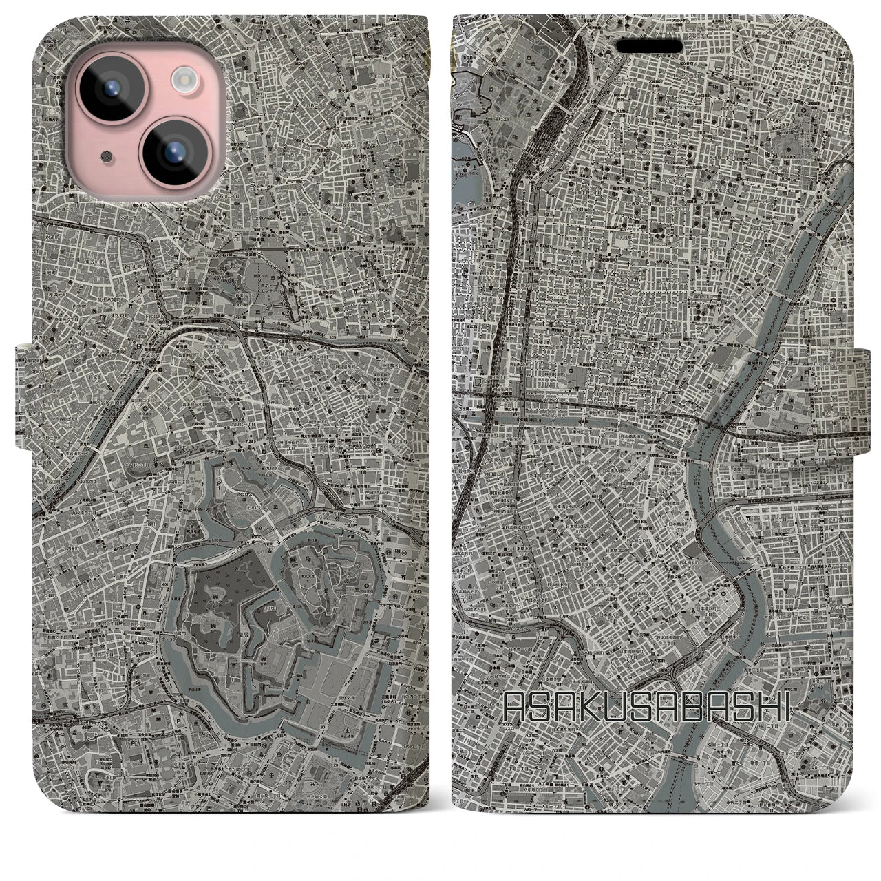 【浅草橋(東京都)】地図柄iPhoneケース(手帳タイプ)モノトーン・iPhone 15 Plus 用