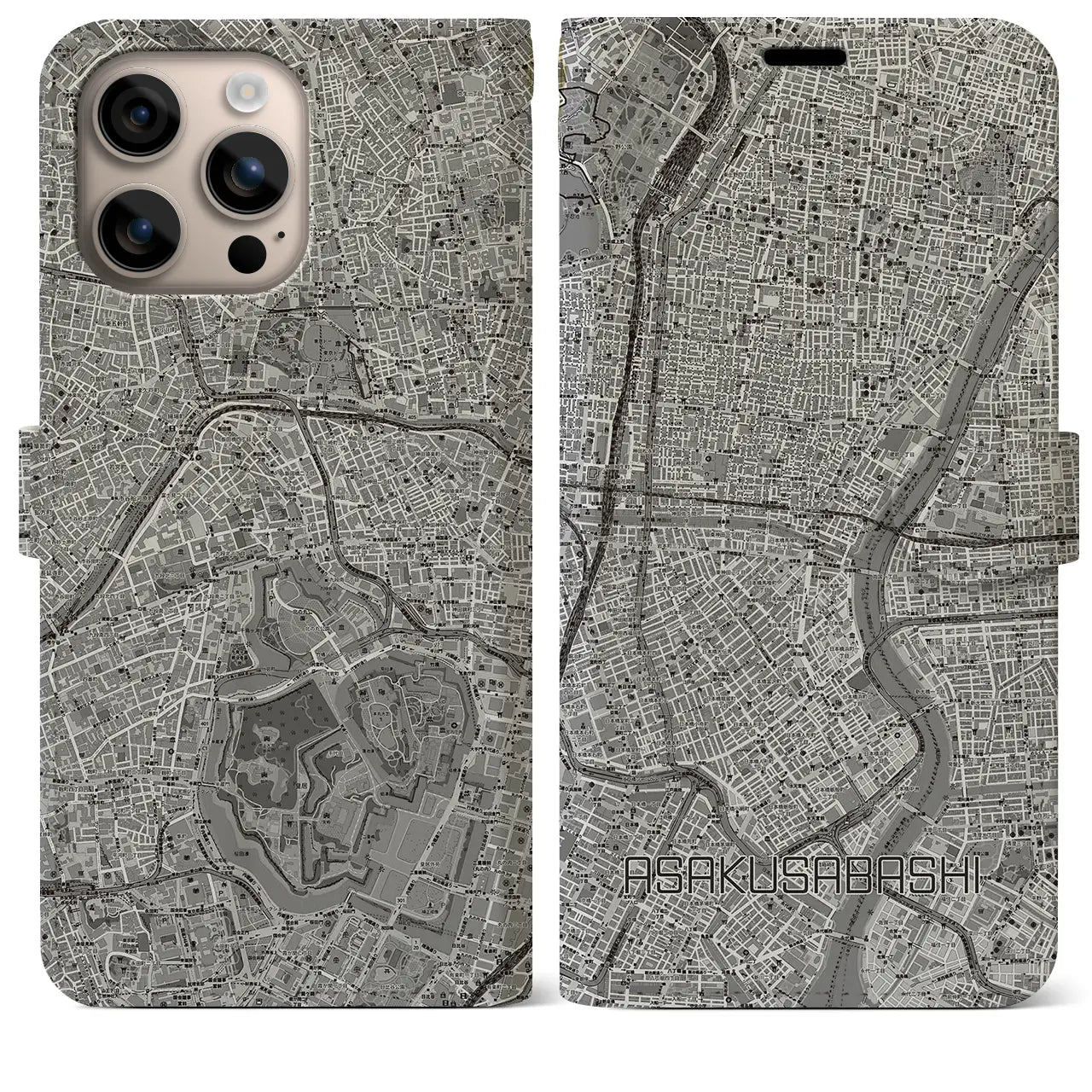 【浅草橋(東京都)】地図柄iPhoneケース(手帳タイプ)モノトーン・iPhone 16 Plus 用
