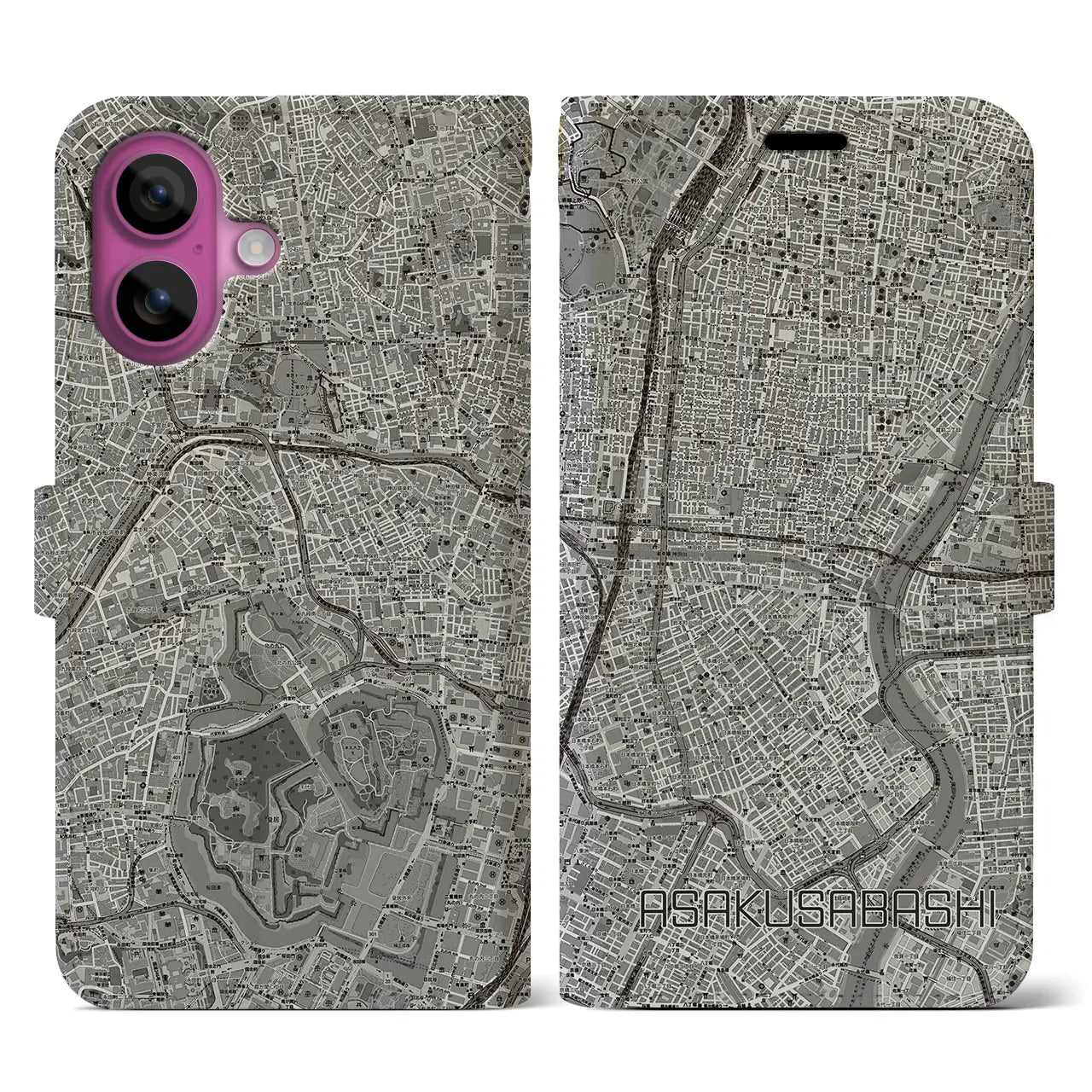 【浅草橋(東京都)】地図柄iPhoneケース(手帳タイプ)モノトーン・iPhone 16 Pro 用