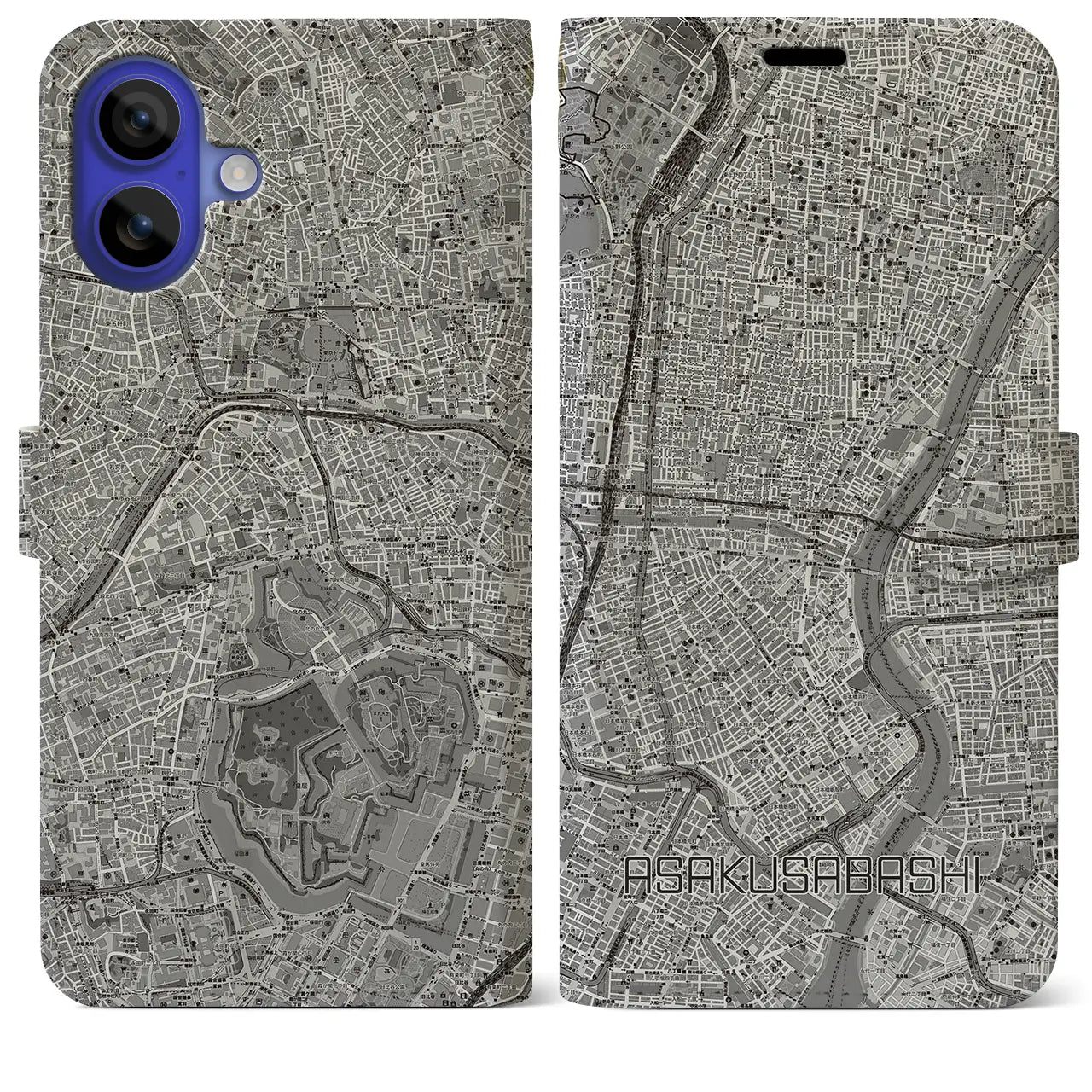 【浅草橋(東京都)】地図柄iPhoneケース(手帳タイプ)モノトーン・iPhone 16 Pro Max 用