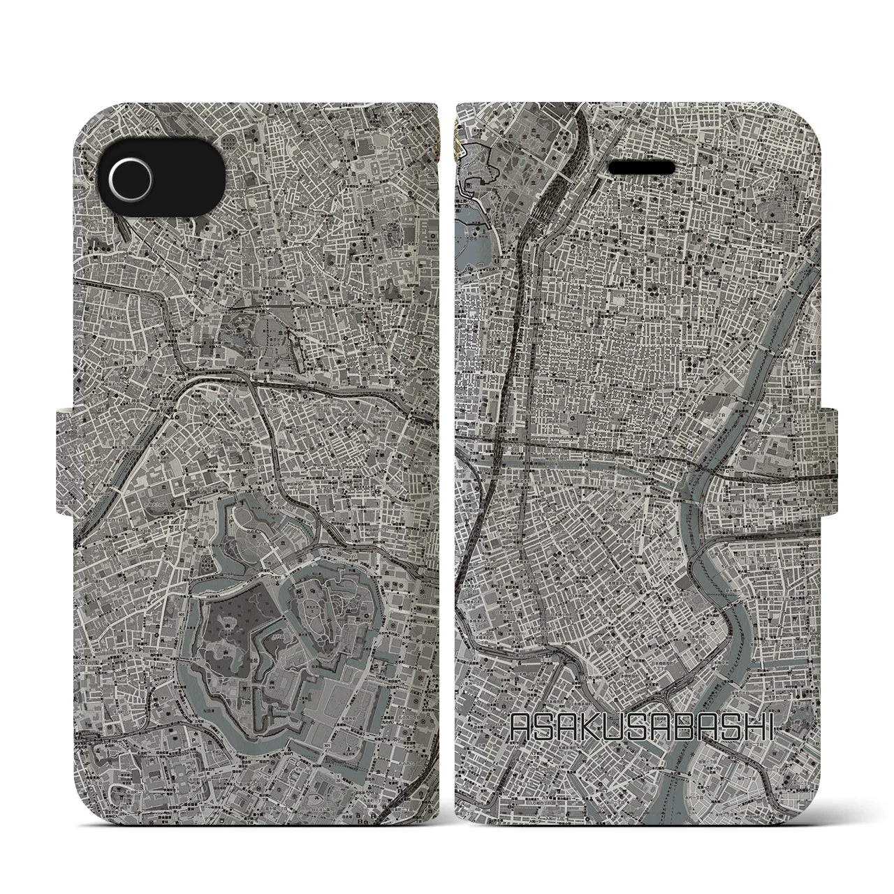【浅草橋(東京都)】地図柄iPhoneケース(手帳タイプ)モノトーン・iPhone SE(第3 / 第2世代) / 8 / 7 / 6s / 6 用