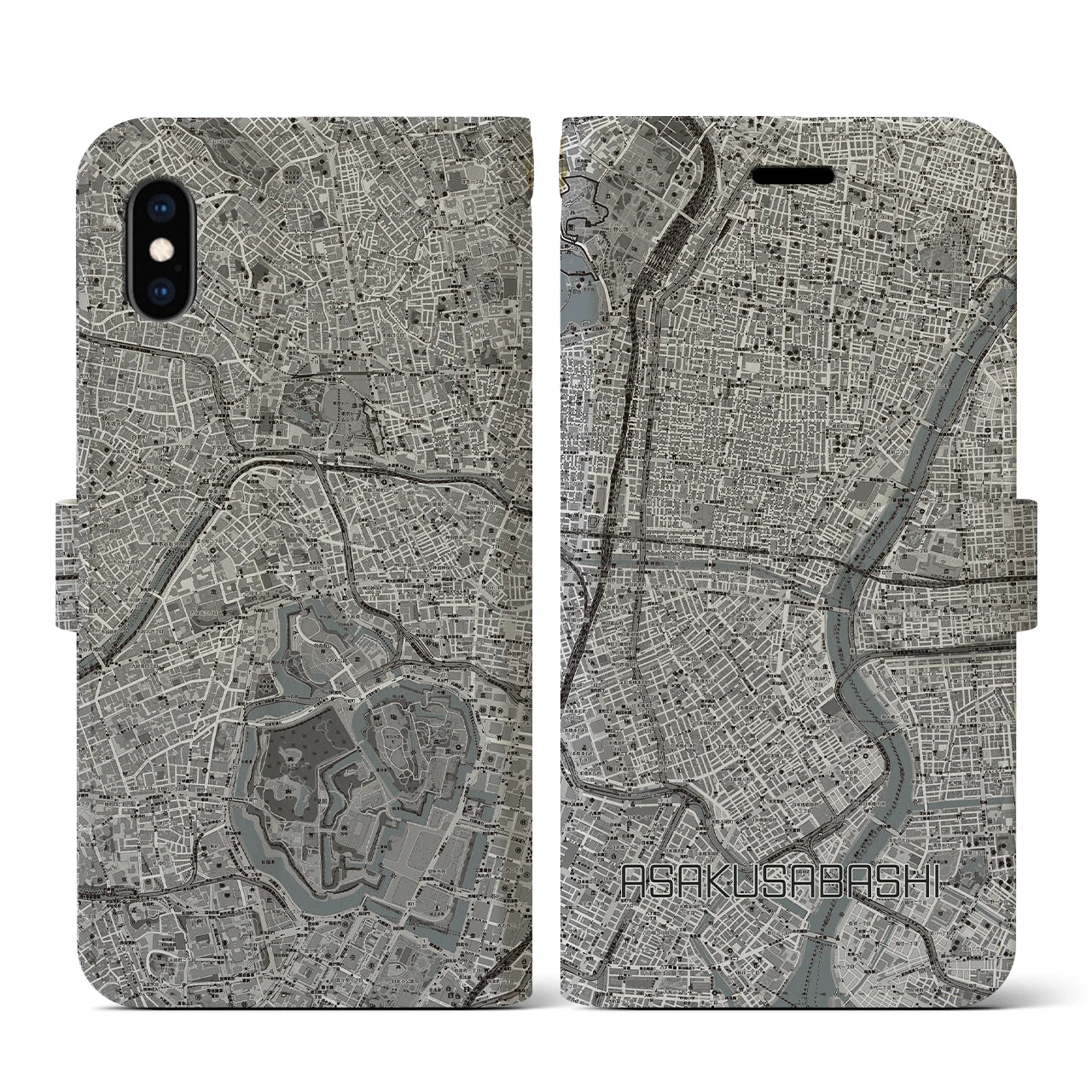 【浅草橋(東京都)】地図柄iPhoneケース(手帳タイプ)モノトーン・iPhone XS / X 用