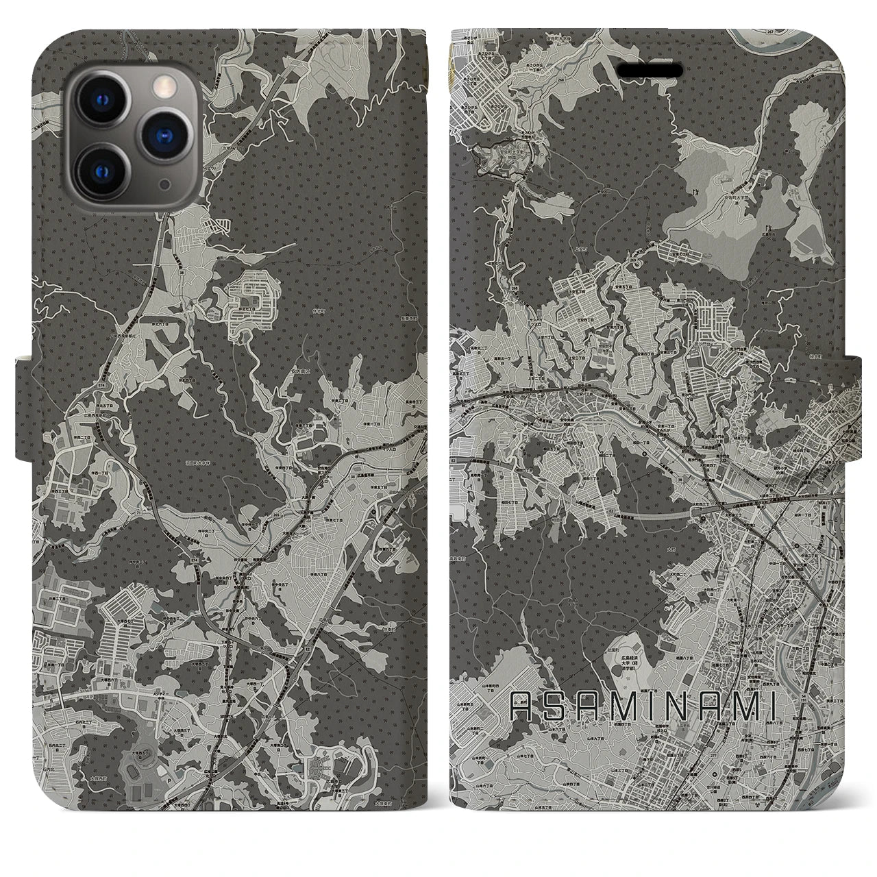 【安佐南(広島県)】地図柄iPhoneケース(手帳タイプ)モノトーン・iPhone 11 Pro Max 用