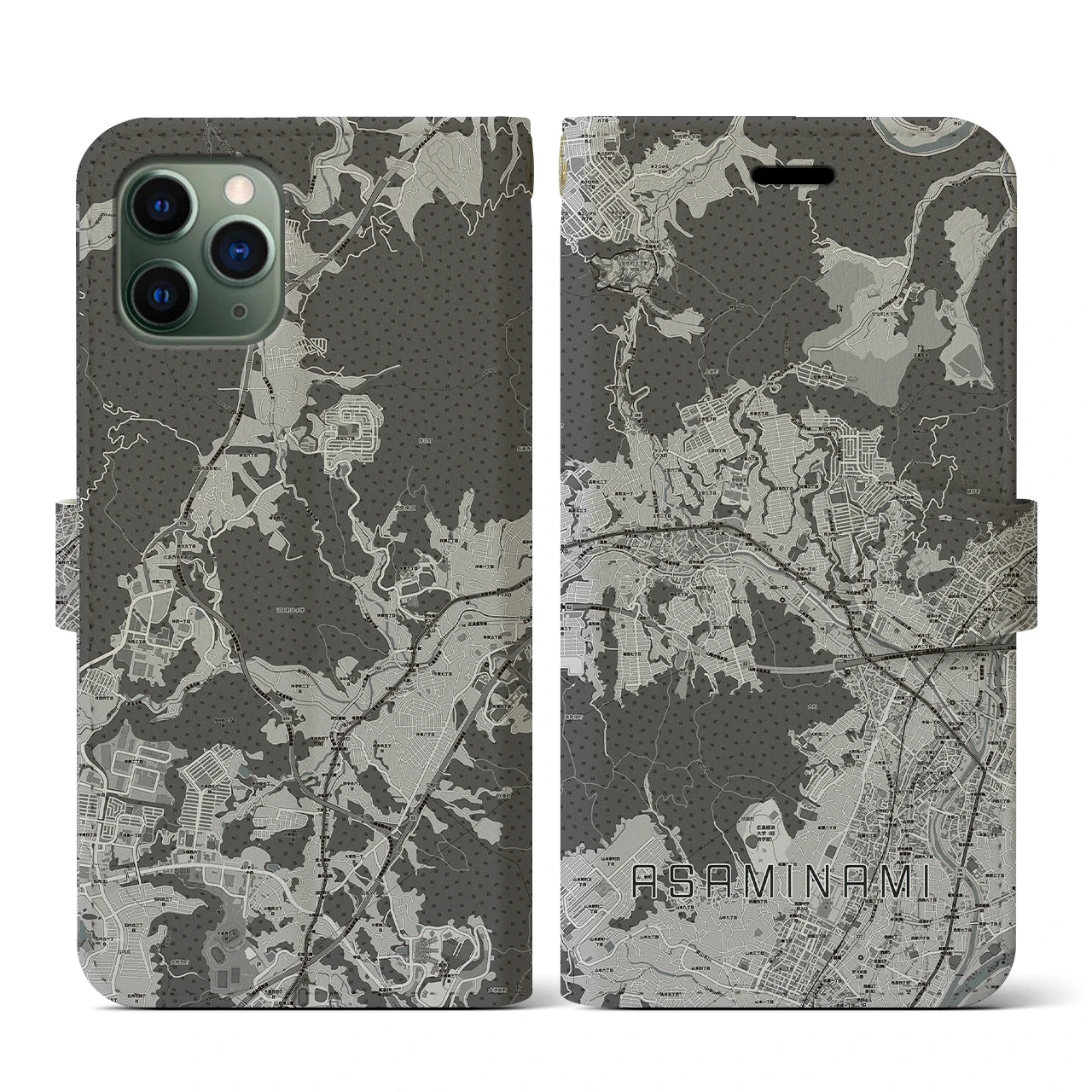 【安佐南(広島県)】地図柄iPhoneケース(手帳タイプ)モノトーン・iPhone 11 Pro 用