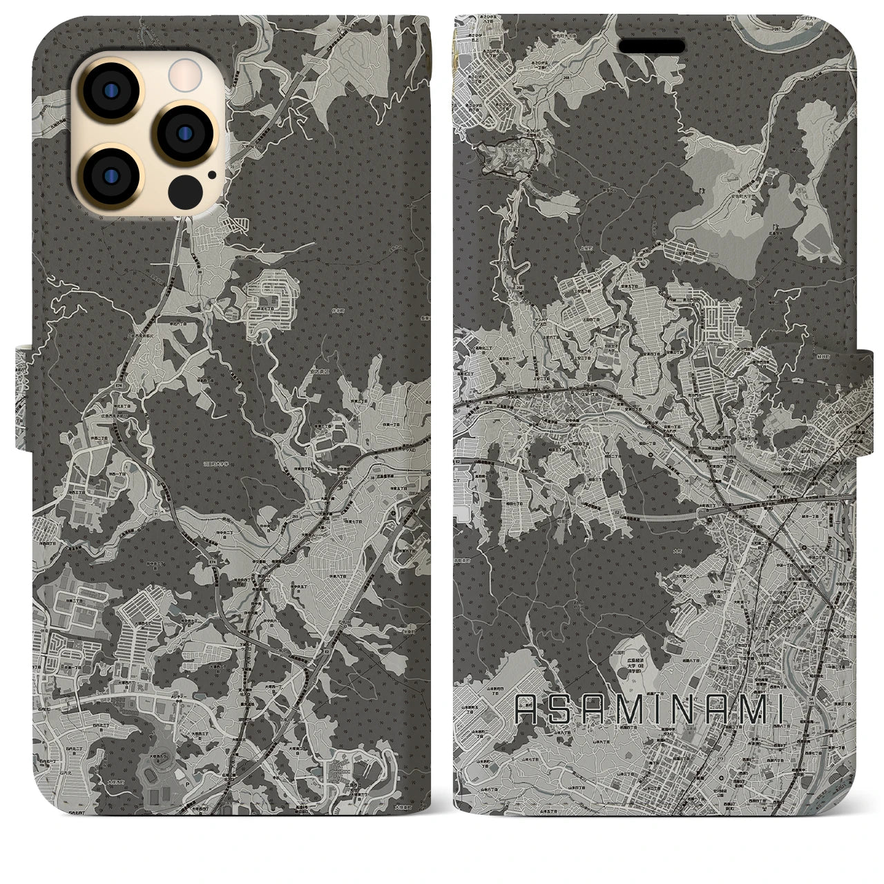【安佐南(広島県)】地図柄iPhoneケース(手帳タイプ)モノトーン・iPhone 12 Pro Max 用