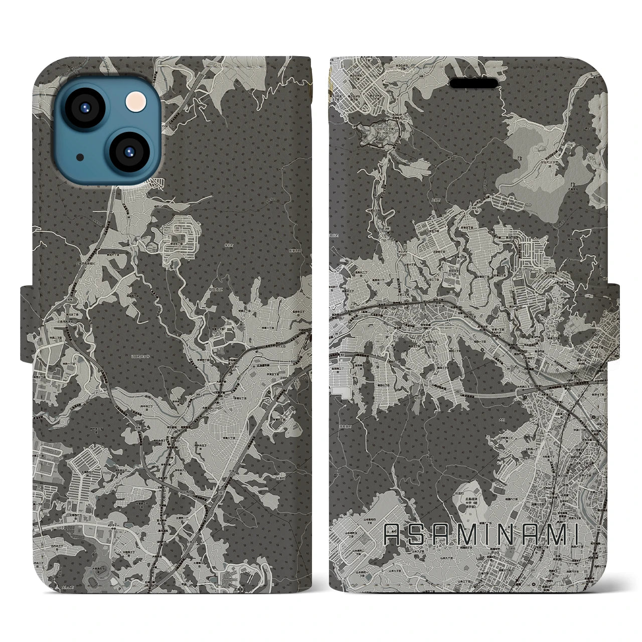 【安佐南(広島県)】地図柄iPhoneケース(手帳タイプ)モノトーン・iPhone 13 用