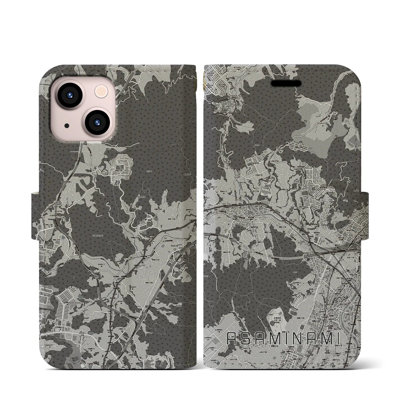【安佐南(広島県)】地図柄iPhoneケース(手帳タイプ)モノトーン・iPhone 13 mini 用