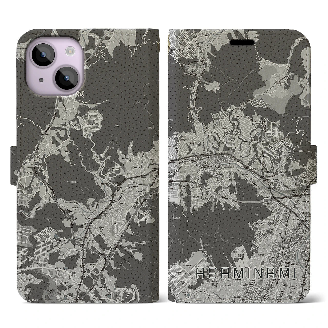 【安佐南(広島県)】地図柄iPhoneケース(手帳タイプ)モノトーン・iPhone 14 用