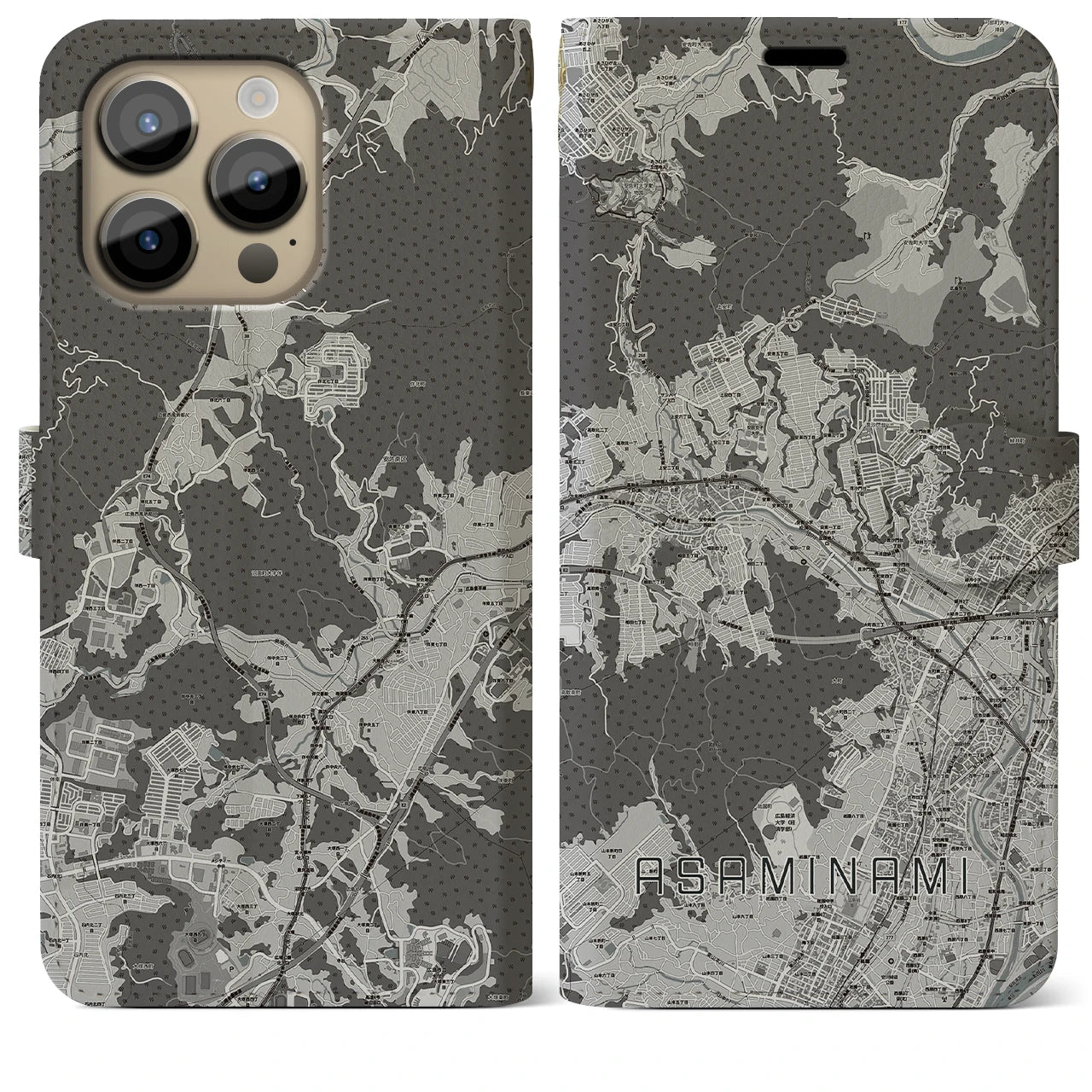 【安佐南(広島県)】地図柄iPhoneケース(手帳タイプ)モノトーン・iPhone 14 Pro Max 用