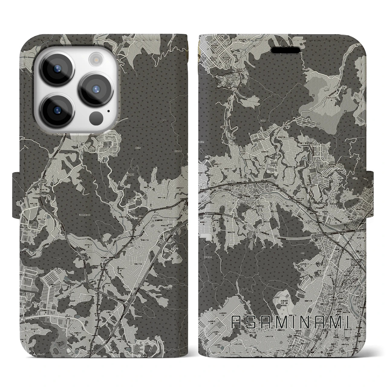 【安佐南(広島県)】地図柄iPhoneケース(手帳タイプ)モノトーン・iPhone 14 Pro 用