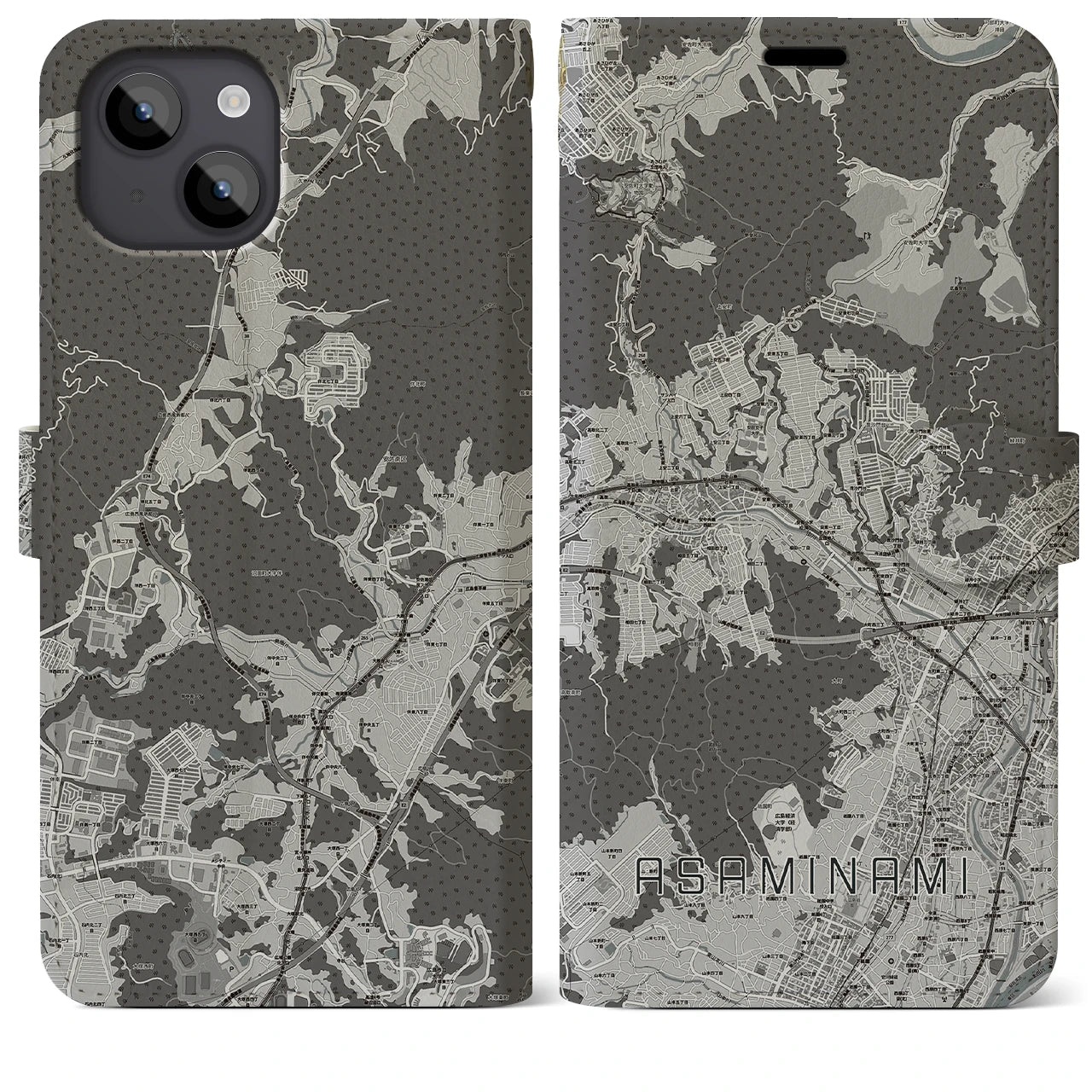 【安佐南(広島県)】地図柄iPhoneケース(手帳タイプ)モノトーン・iPhone 14 Plus 用