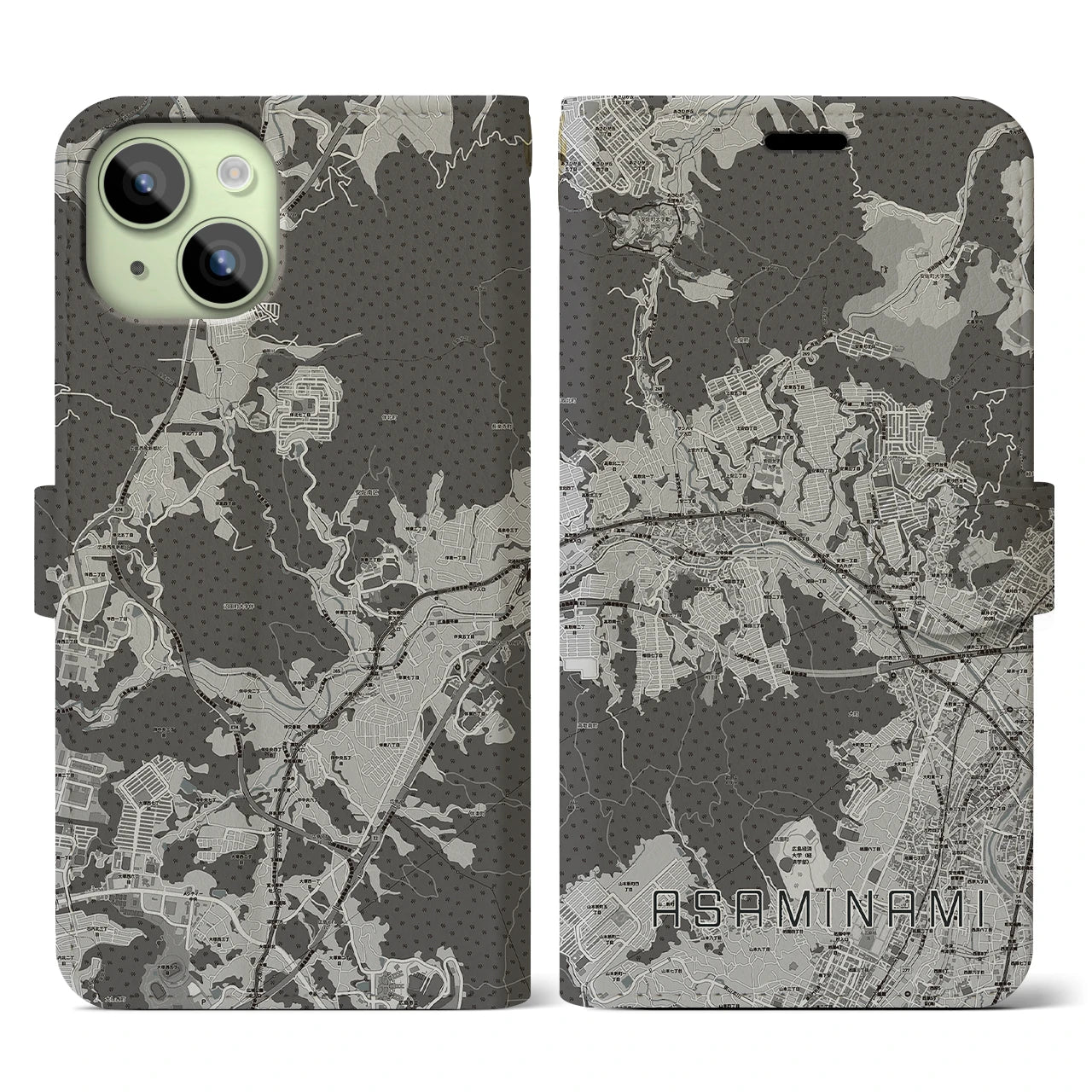 【安佐南(広島県)】地図柄iPhoneケース(手帳タイプ)モノトーン・iPhone 15 用