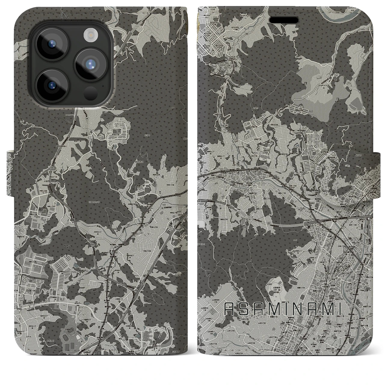 【安佐南(広島県)】地図柄iPhoneケース(手帳タイプ)モノトーン・iPhone 15 Pro Max 用