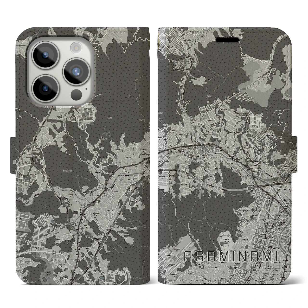 【安佐南(広島県)】地図柄iPhoneケース(手帳タイプ)モノトーン・iPhone 15 Pro 用