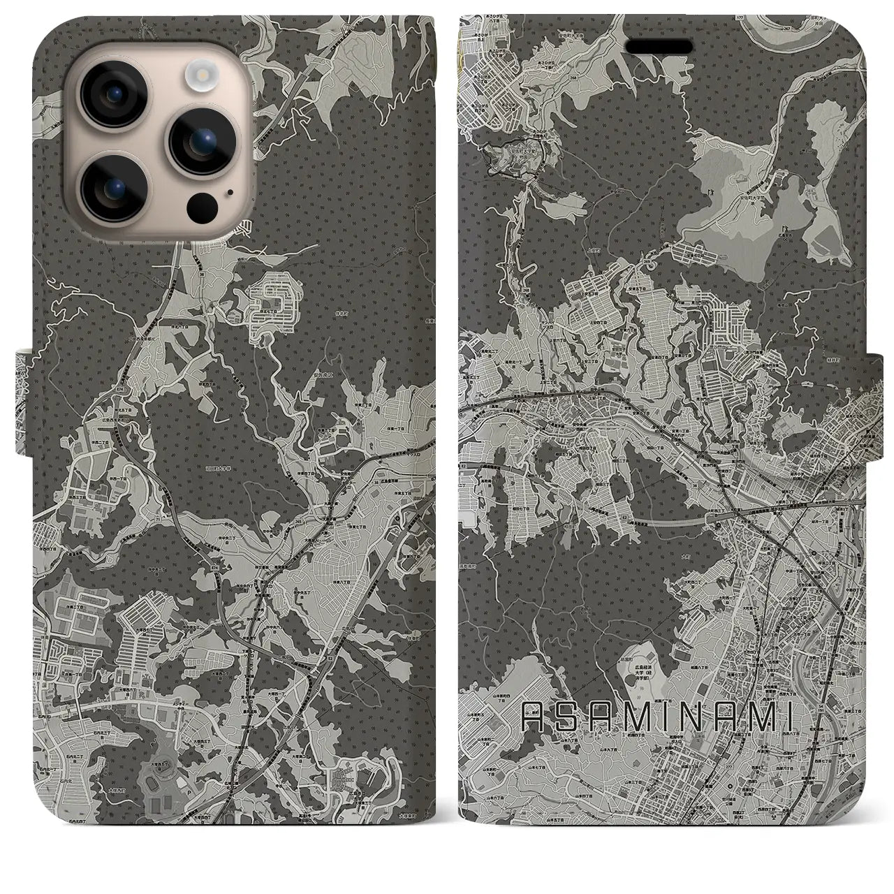 【安佐南(広島県)】地図柄iPhoneケース(手帳タイプ)モノトーン・iPhone 16 Plus 用