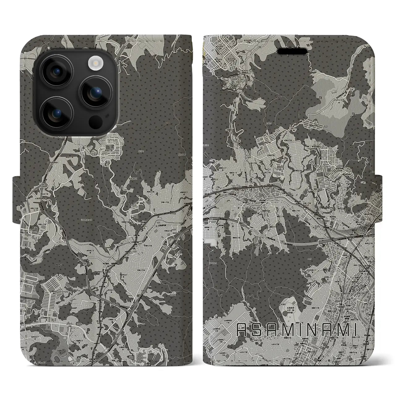 【安佐南(広島県)】地図柄iPhoneケース(手帳タイプ)モノトーン・iPhone 16 用