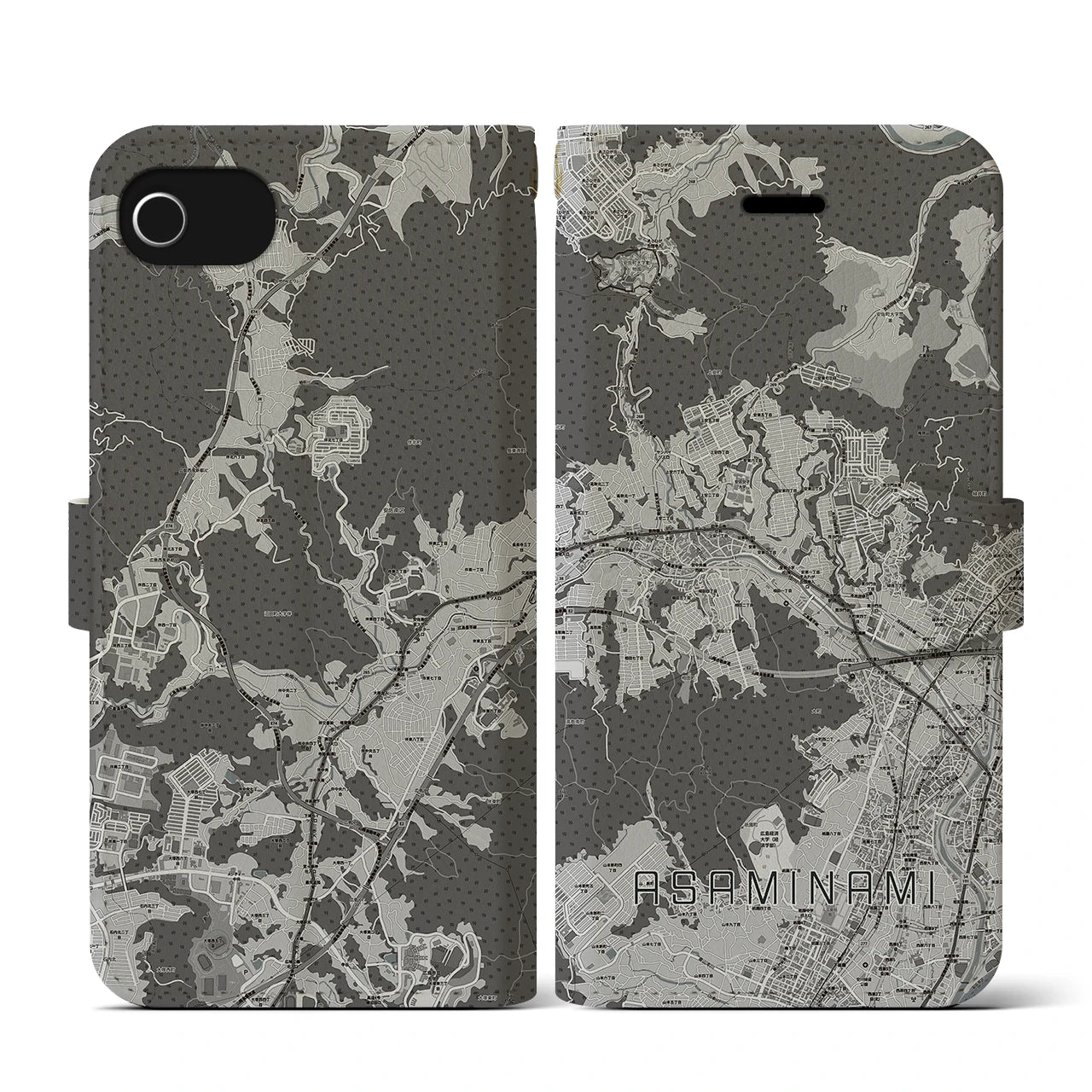 【安佐南(広島県)】地図柄iPhoneケース(手帳タイプ)モノトーン・iPhone SE(第3 / 第2世代) / 8 / 7 / 6s / 6 用