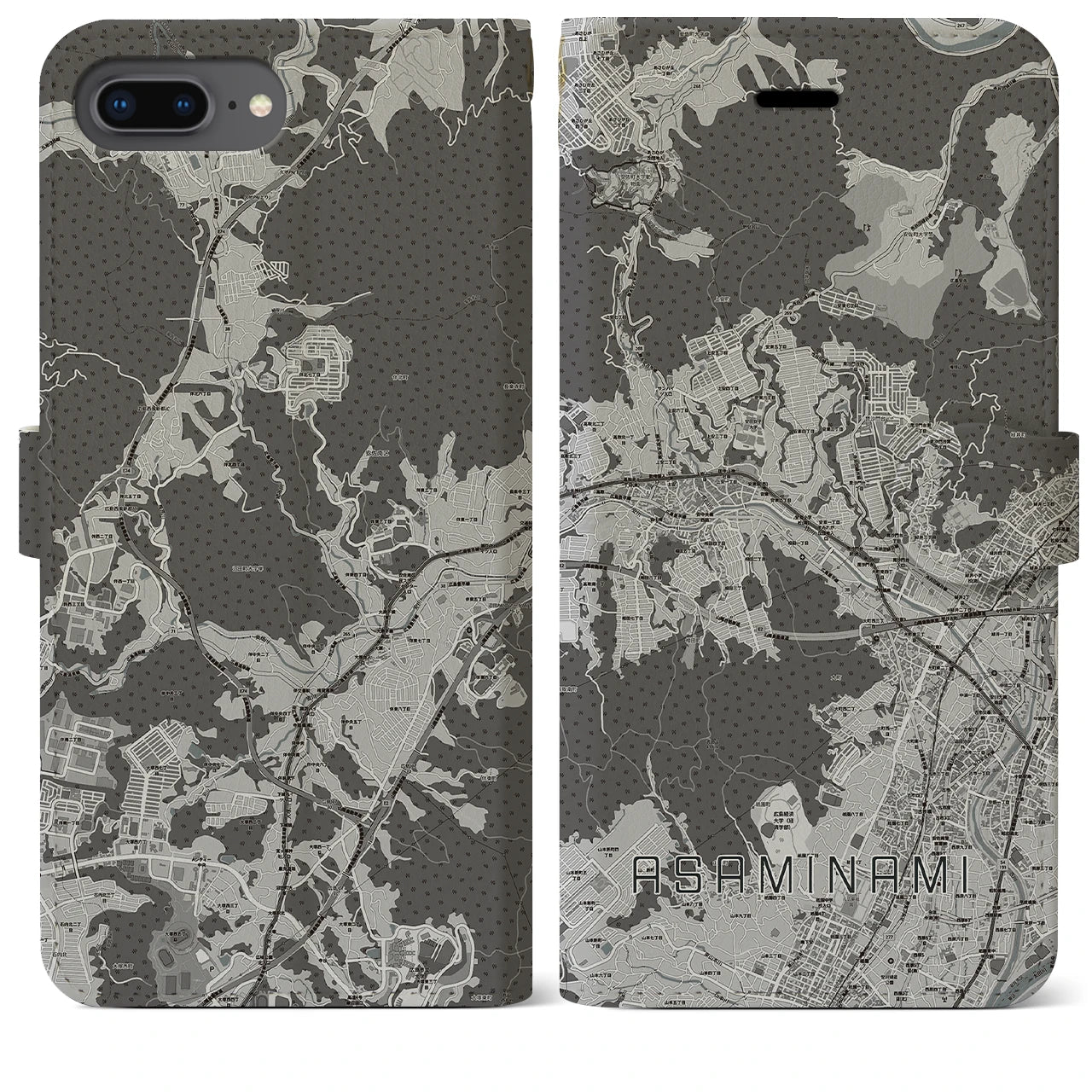 【安佐南(広島県)】地図柄iPhoneケース(手帳タイプ)モノトーン・iPhone 8Plus /7Plus / 6sPlus / 6Plus 用