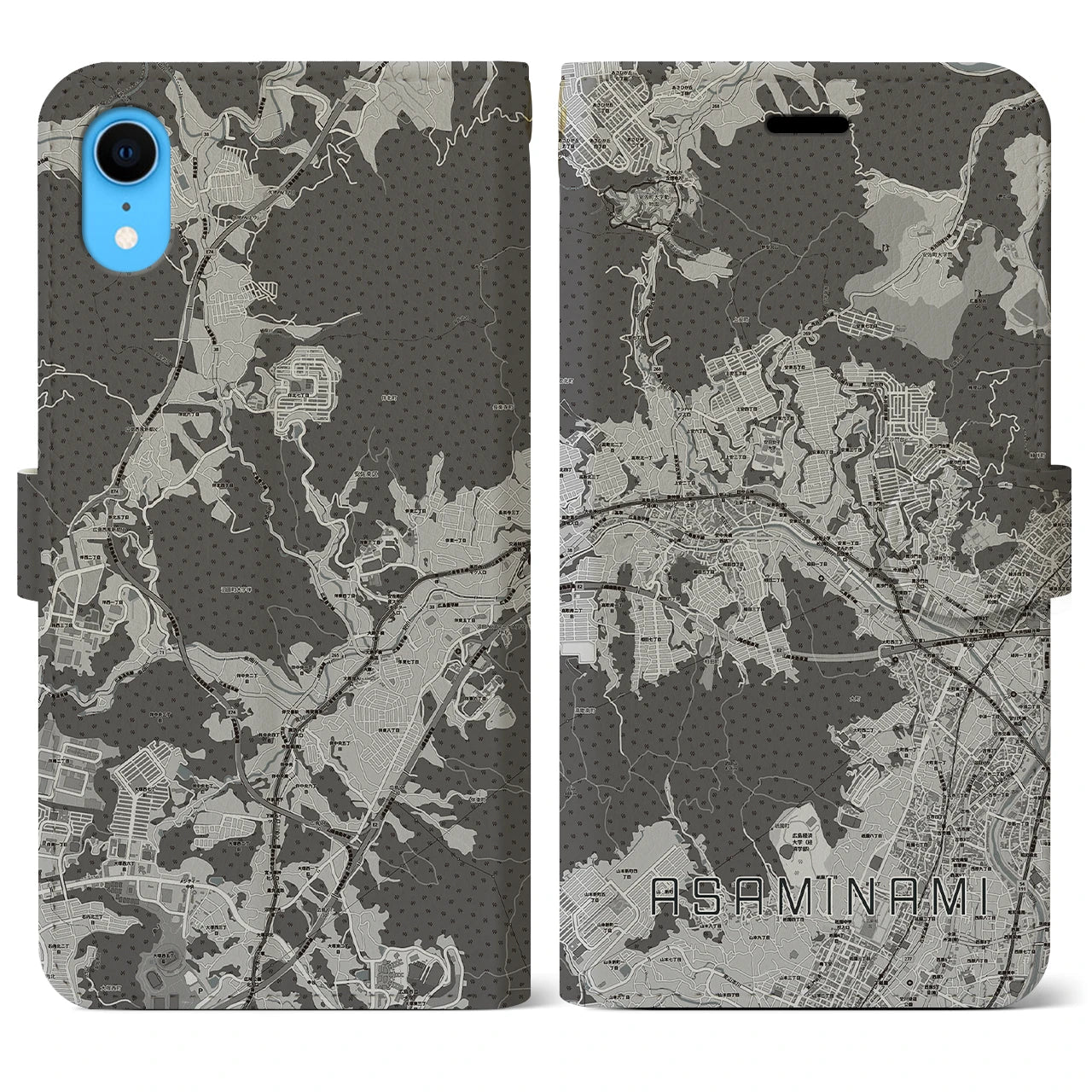 【安佐南(広島県)】地図柄iPhoneケース(手帳タイプ)モノトーン・iPhone XR 用