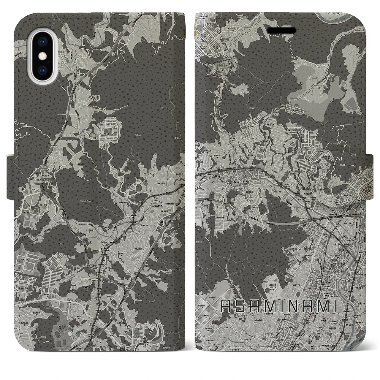 【安佐南(広島県)】地図柄iPhoneケース(手帳タイプ)モノトーン・iPhone XS Max 用