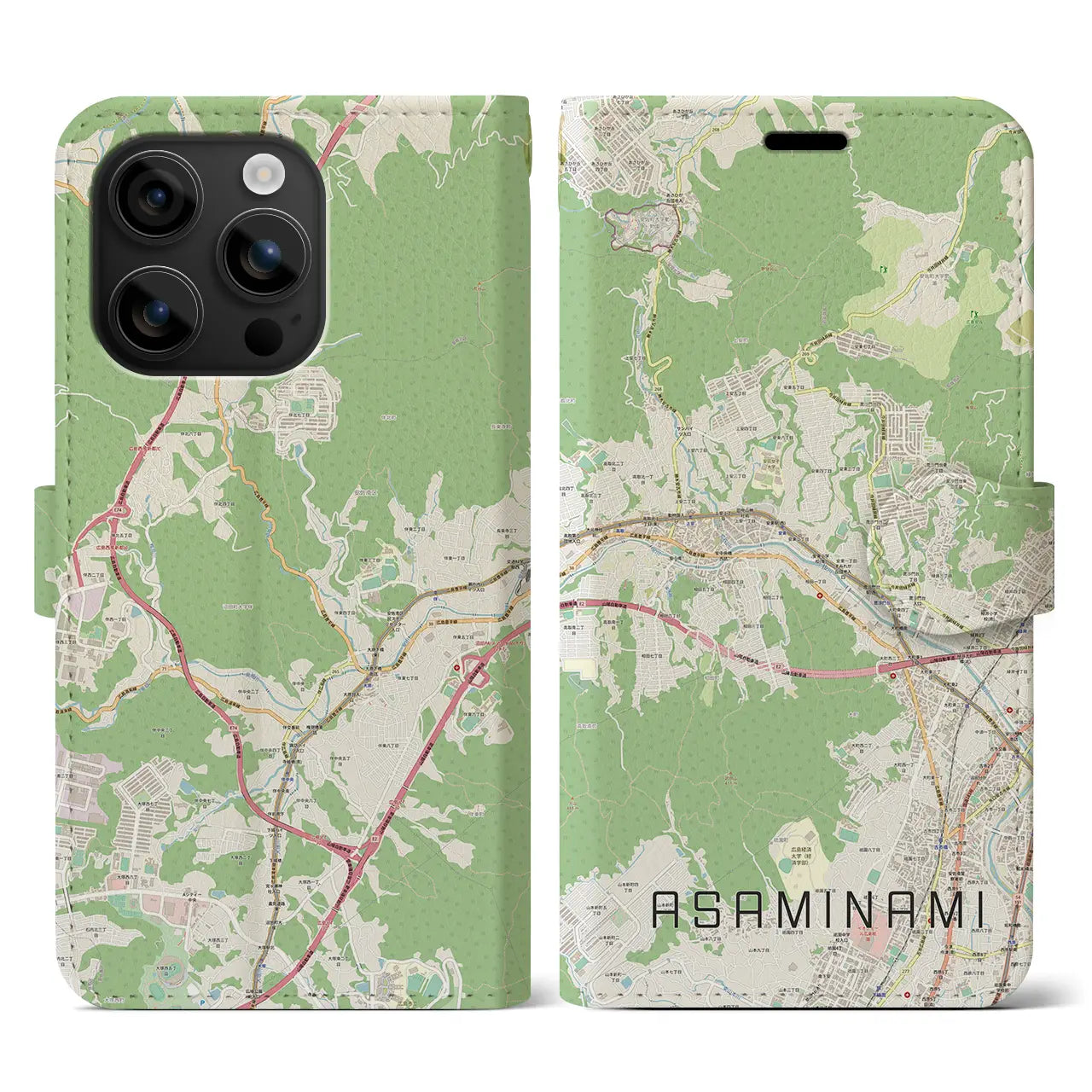 【安佐南(広島県)】地図柄iPhoneケース(手帳タイプ)ナチュラル・iPhone 16 用