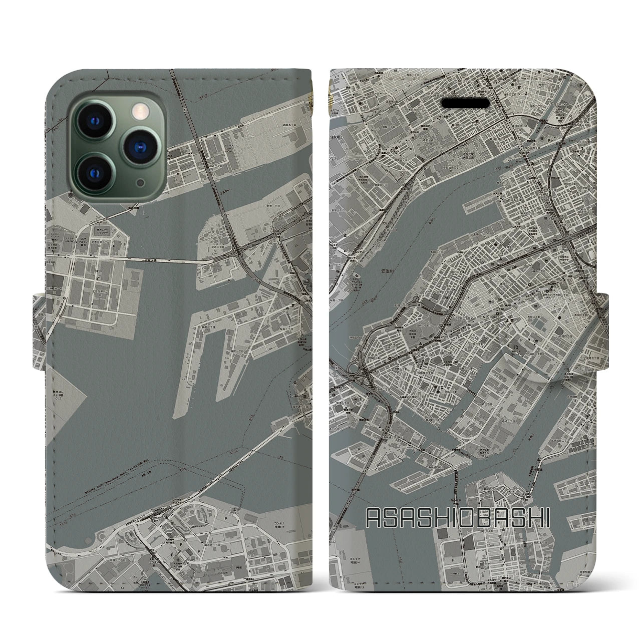 【朝潮橋(大阪府)】地図柄iPhoneケース(手帳タイプ)モノトーン・iPhone 11 Pro 用