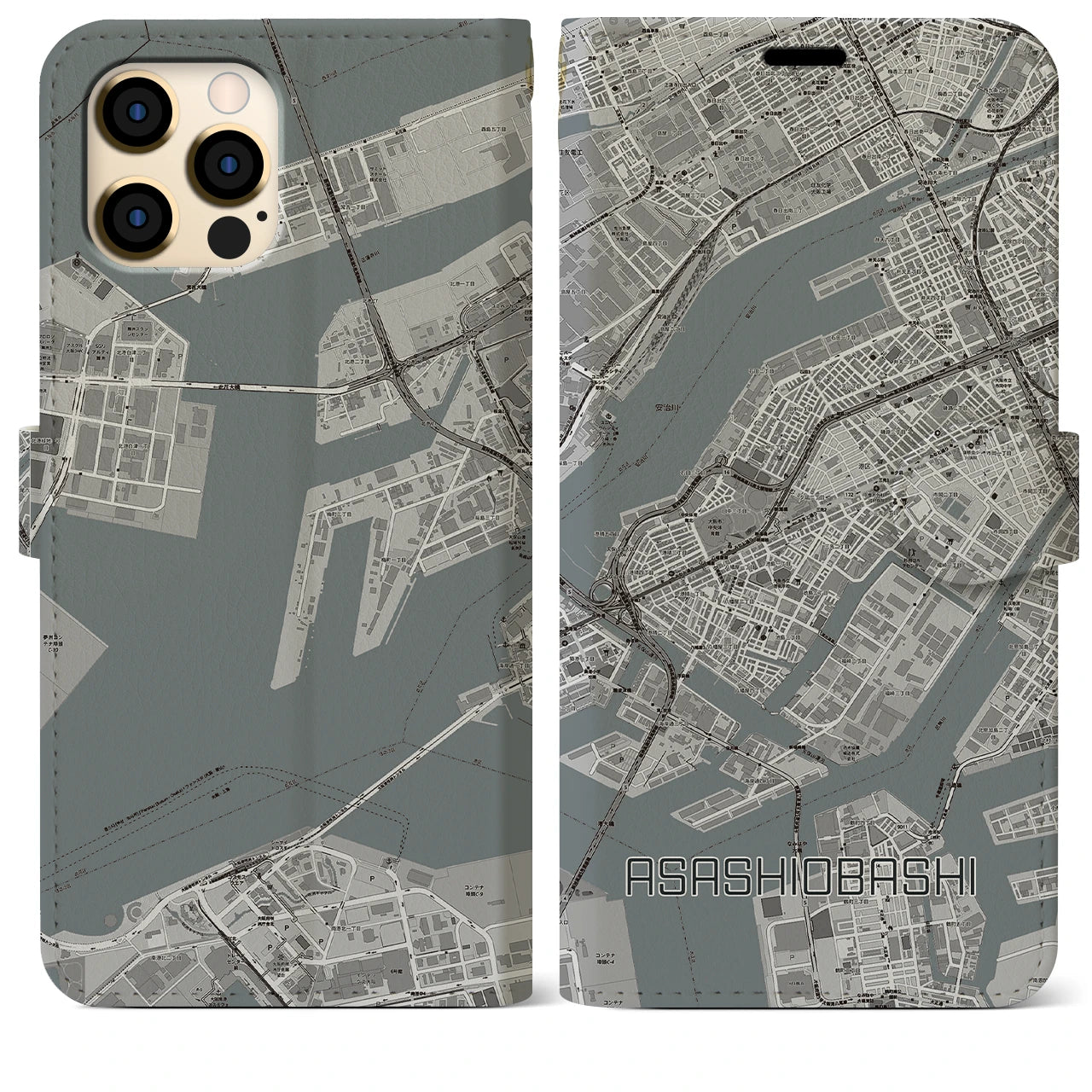 【朝潮橋(大阪府)】地図柄iPhoneケース(手帳タイプ)モノトーン・iPhone 12 Pro Max 用