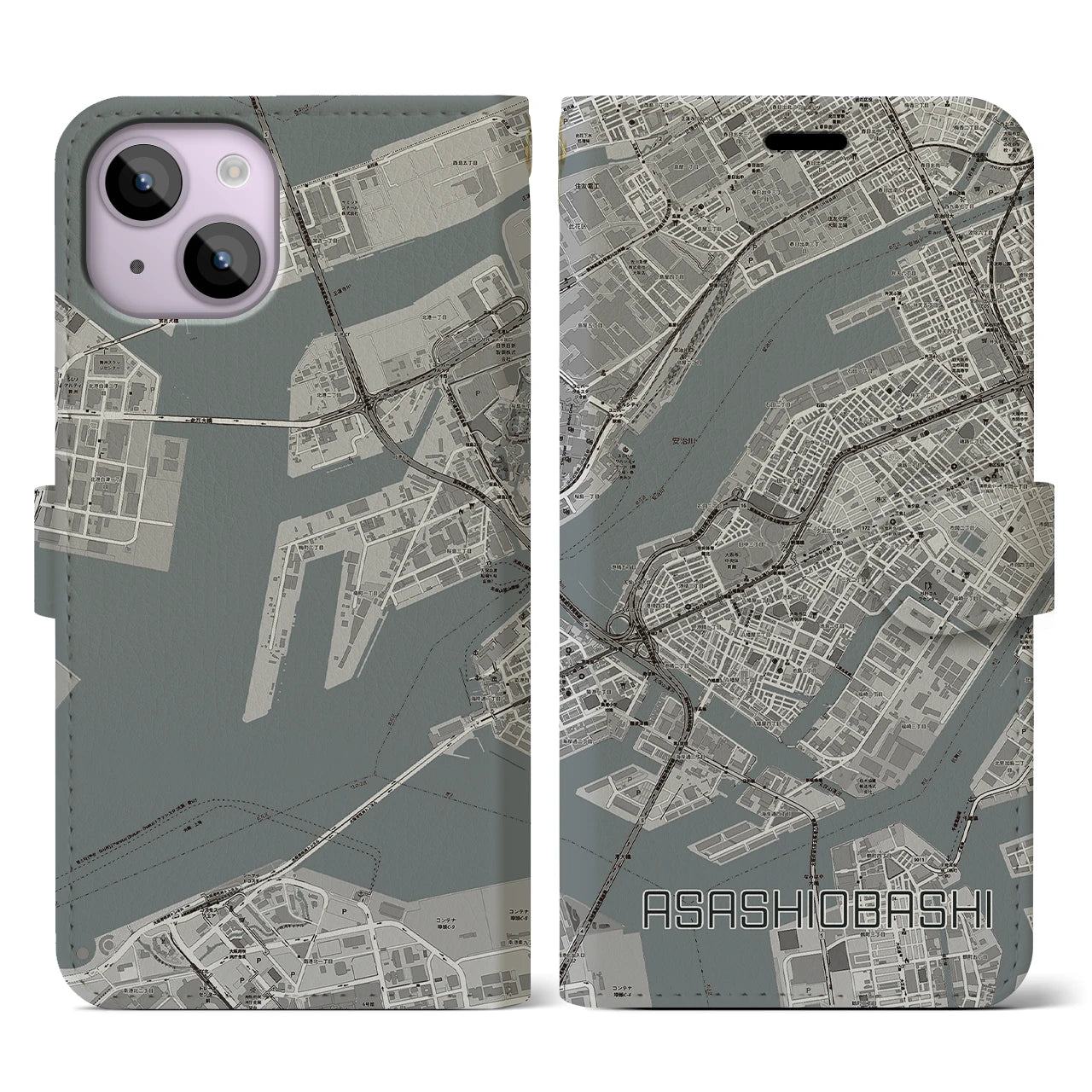 【朝潮橋(大阪府)】地図柄iPhoneケース(手帳タイプ)モノトーン・iPhone 14 用