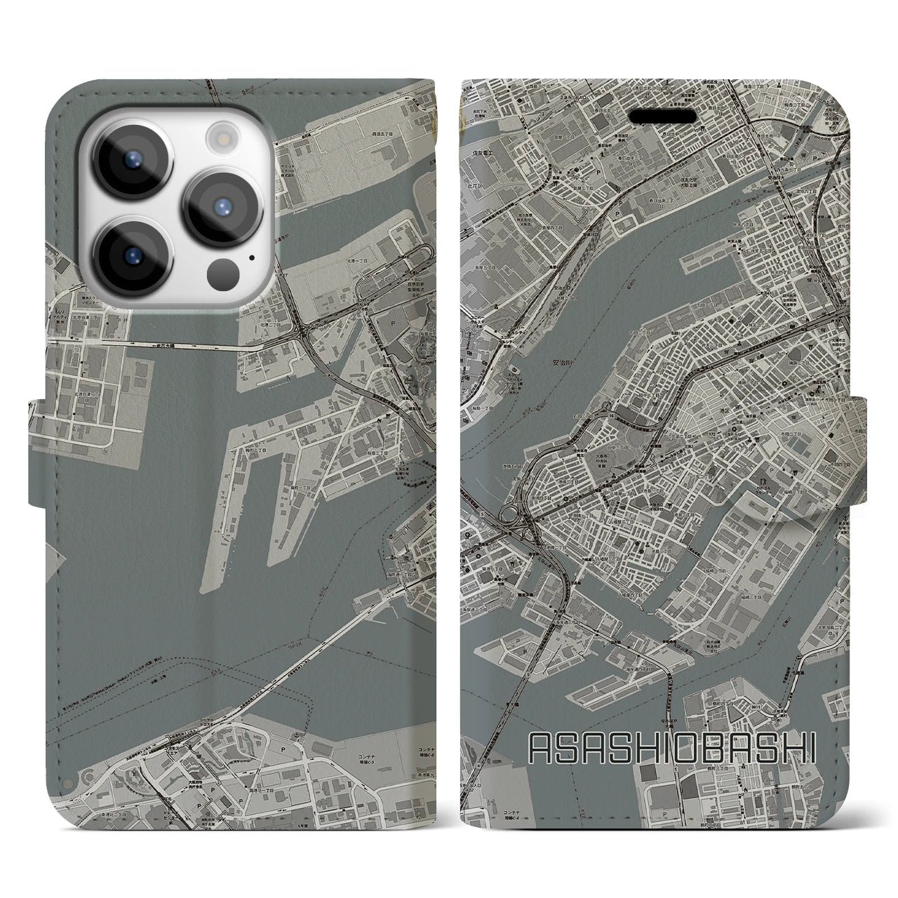 【朝潮橋(大阪府)】地図柄iPhoneケース(手帳タイプ)モノトーン・iPhone 14 Pro 用