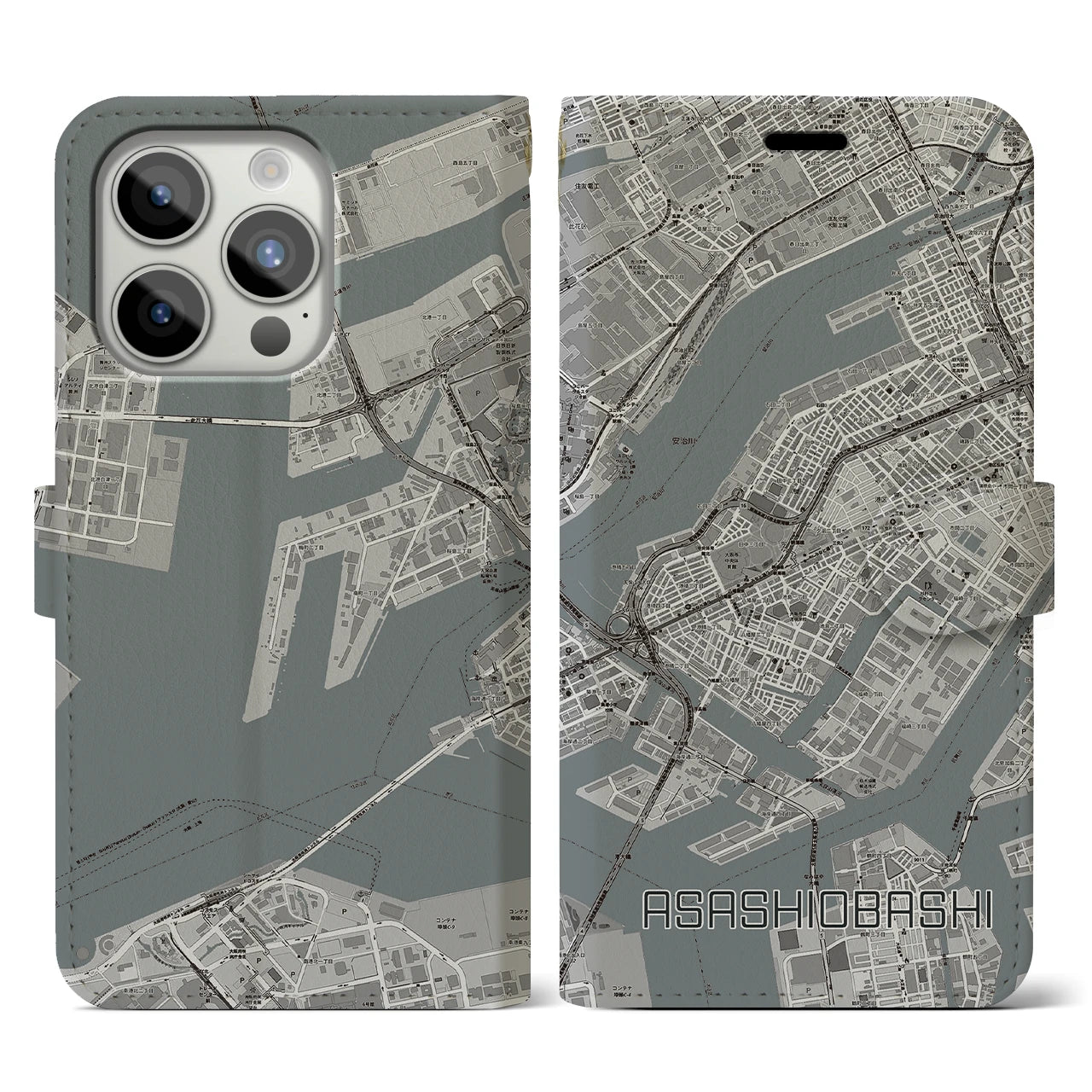 【朝潮橋(大阪府)】地図柄iPhoneケース(手帳タイプ)モノトーン・iPhone 15 Pro 用