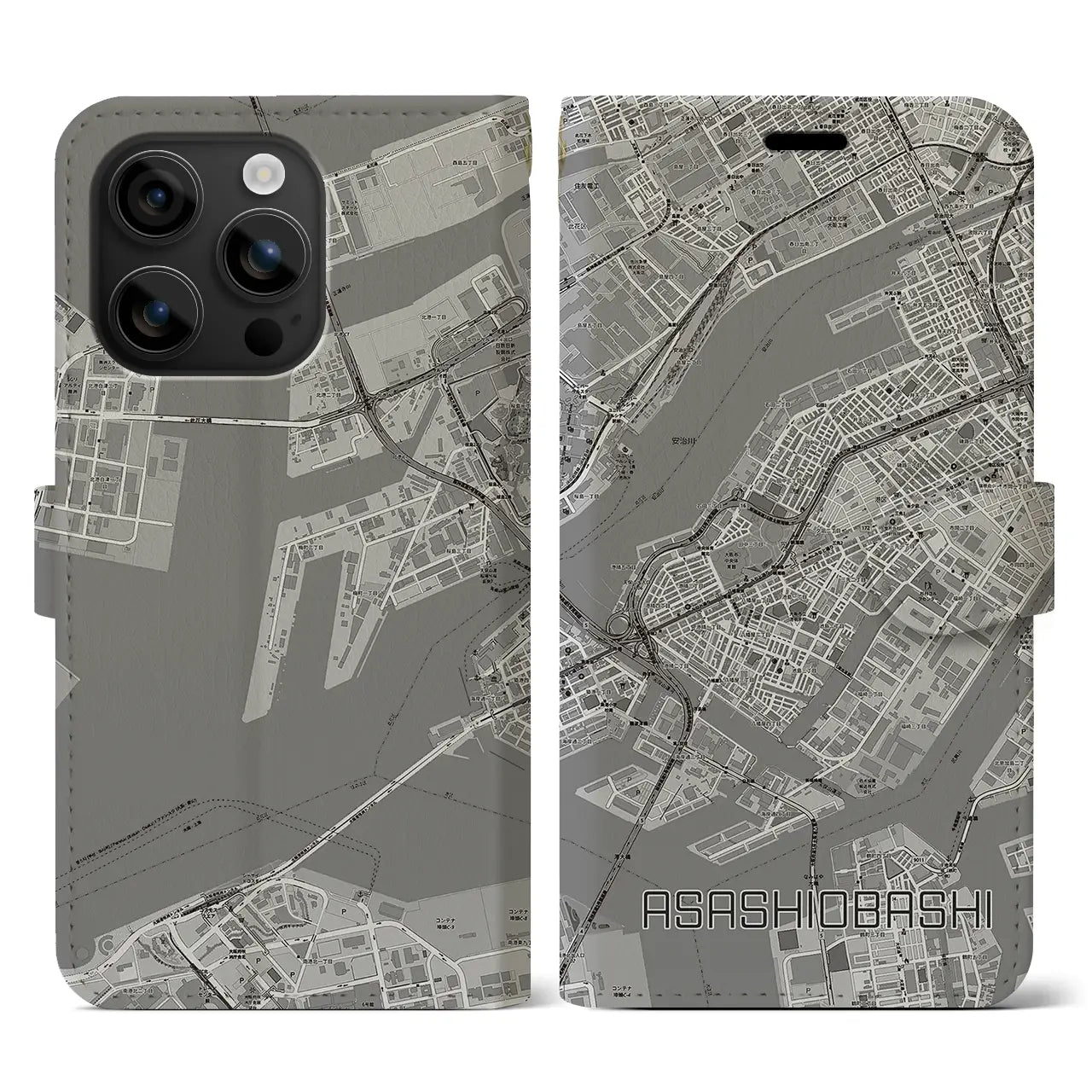 【朝潮橋(大阪府)】地図柄iPhoneケース(手帳タイプ)モノトーン・iPhone 16 用