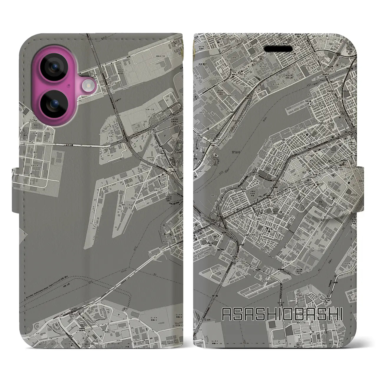 【朝潮橋(大阪府)】地図柄iPhoneケース(手帳タイプ)モノトーン・iPhone 16 Pro 用