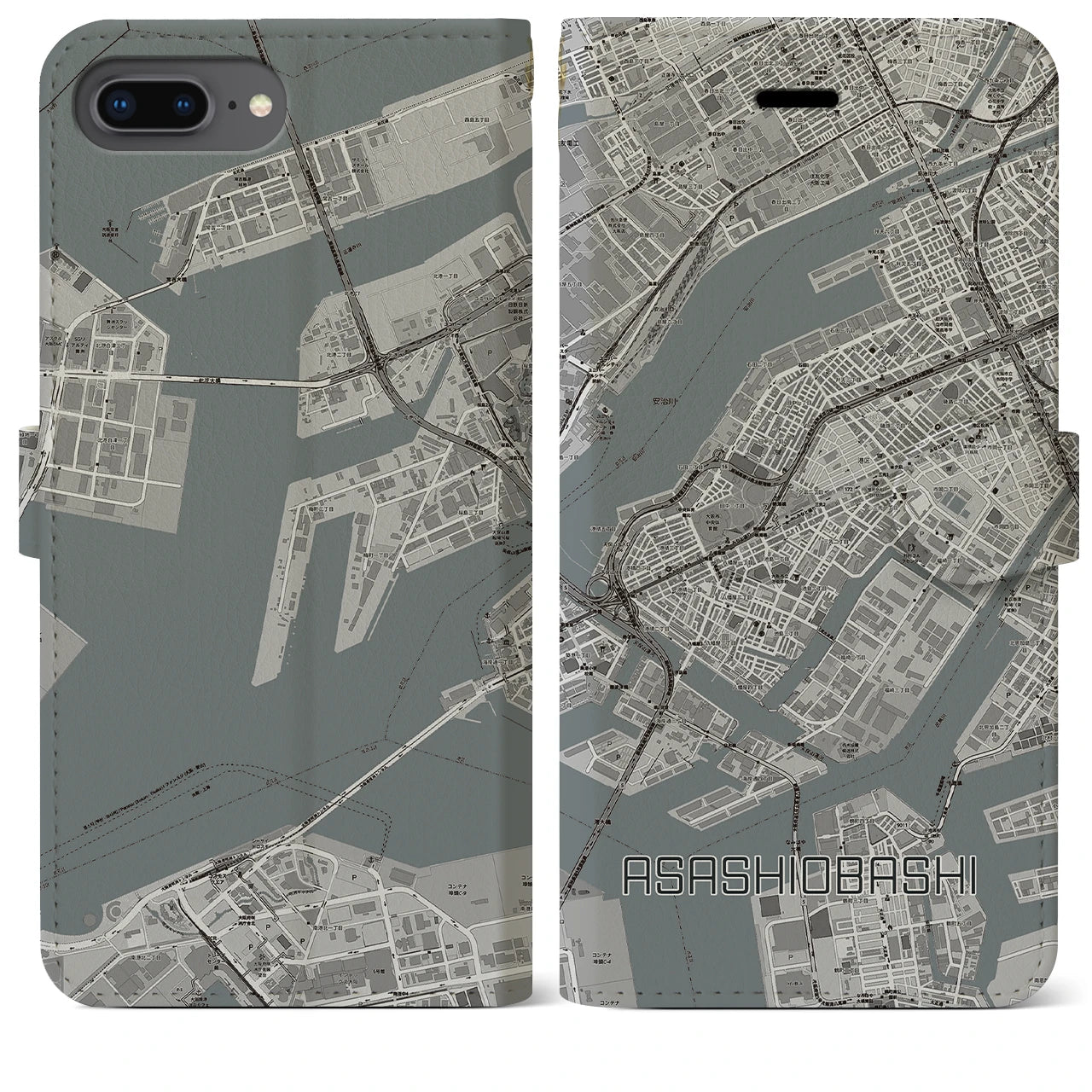 【朝潮橋(大阪府)】地図柄iPhoneケース(手帳タイプ)モノトーン・iPhone 8Plus /7Plus / 6sPlus / 6Plus 用