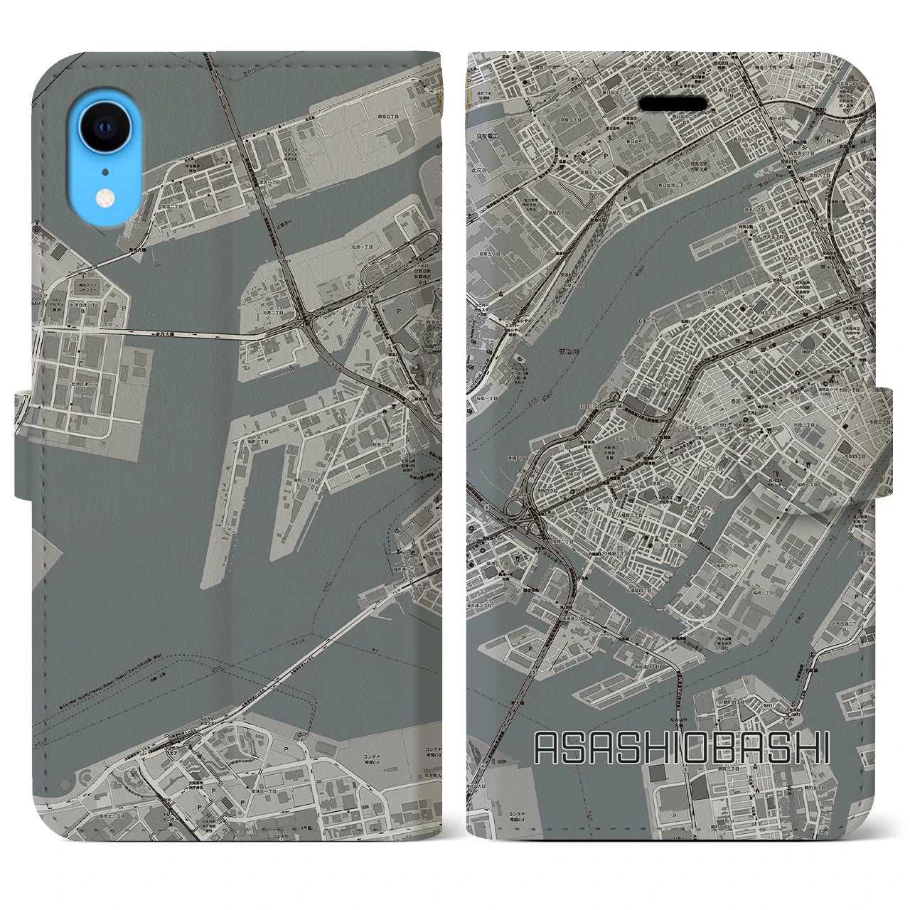 【朝潮橋(大阪府)】地図柄iPhoneケース(手帳タイプ)モノトーン・iPhone XR 用