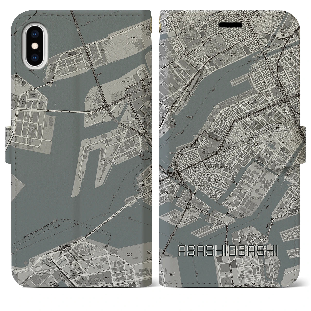 【朝潮橋(大阪府)】地図柄iPhoneケース(手帳タイプ)モノトーン・iPhone XS Max 用
