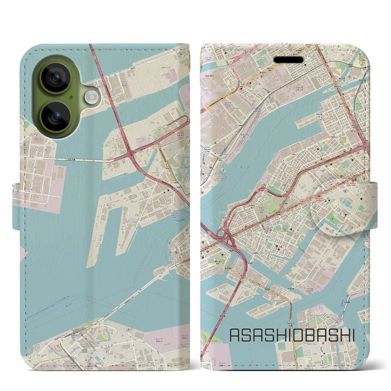 【朝潮橋(大阪府)】地図柄iPhoneケース(手帳タイプ)モノトーン・iPhone 17 Pro Max 用