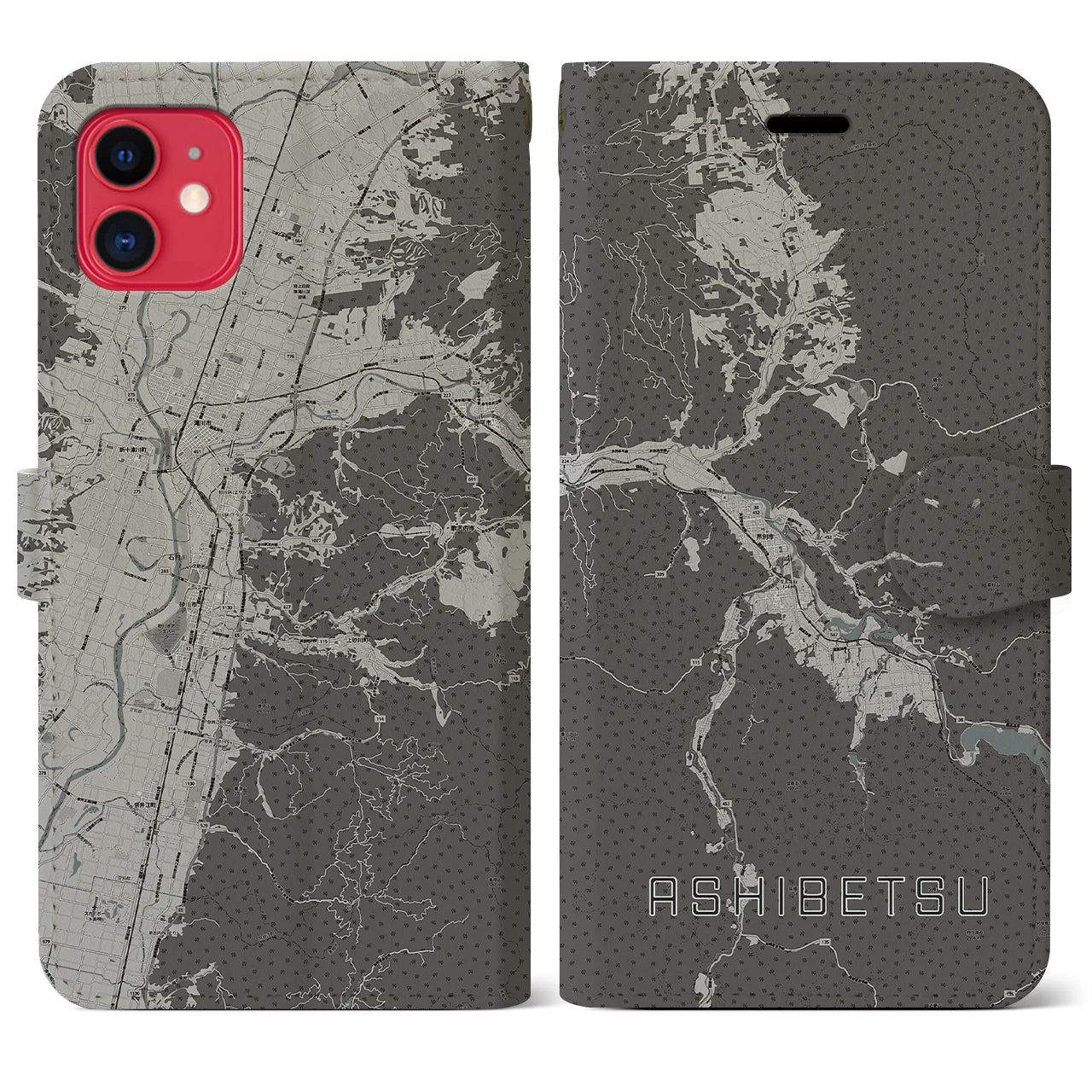 【芦別(北海道)】地図柄iPhoneケース(手帳タイプ)モノトーン・iPhone 11 用