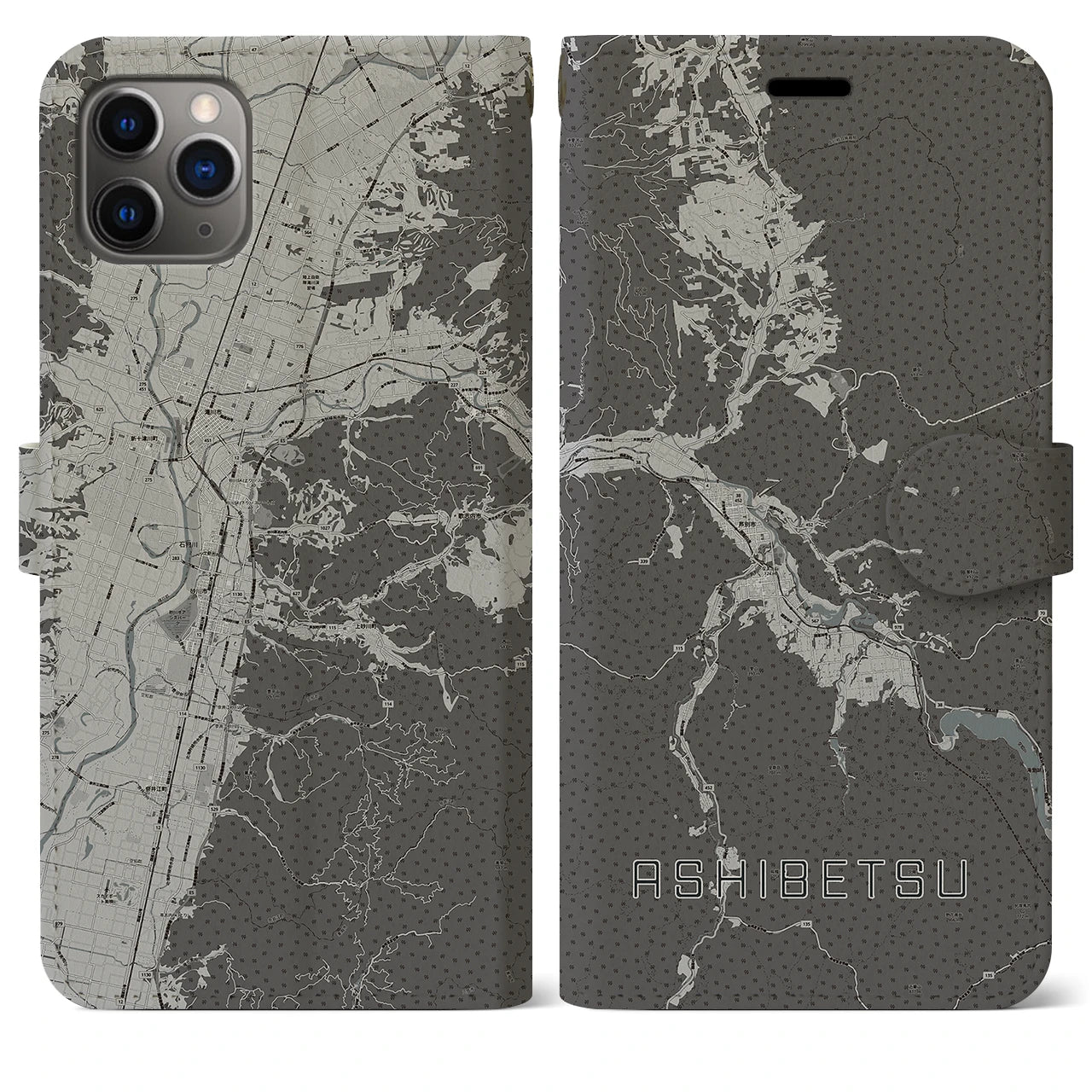 【芦別(北海道)】地図柄iPhoneケース(手帳タイプ)モノトーン・iPhone 11 Pro Max 用