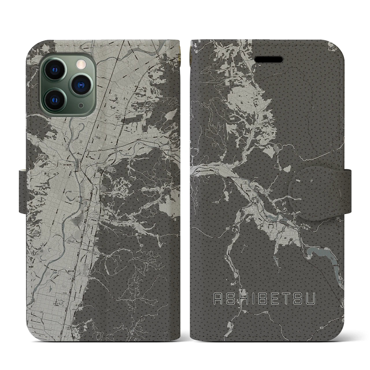 【芦別(北海道)】地図柄iPhoneケース(手帳タイプ)モノトーン・iPhone 11 Pro 用